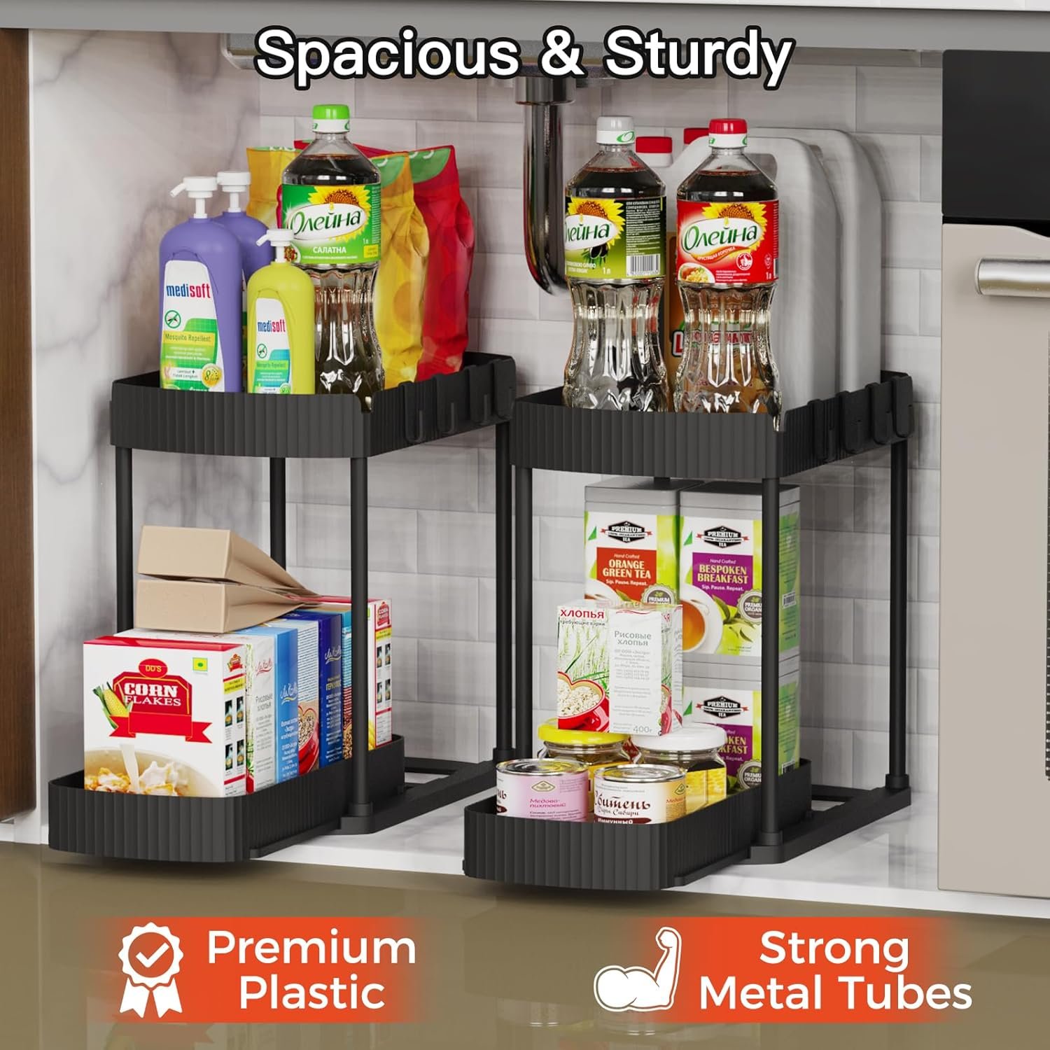 2 Packs Under Sink Pull-Out Storage Organizers, 12.8 Inches, Black - Image 3