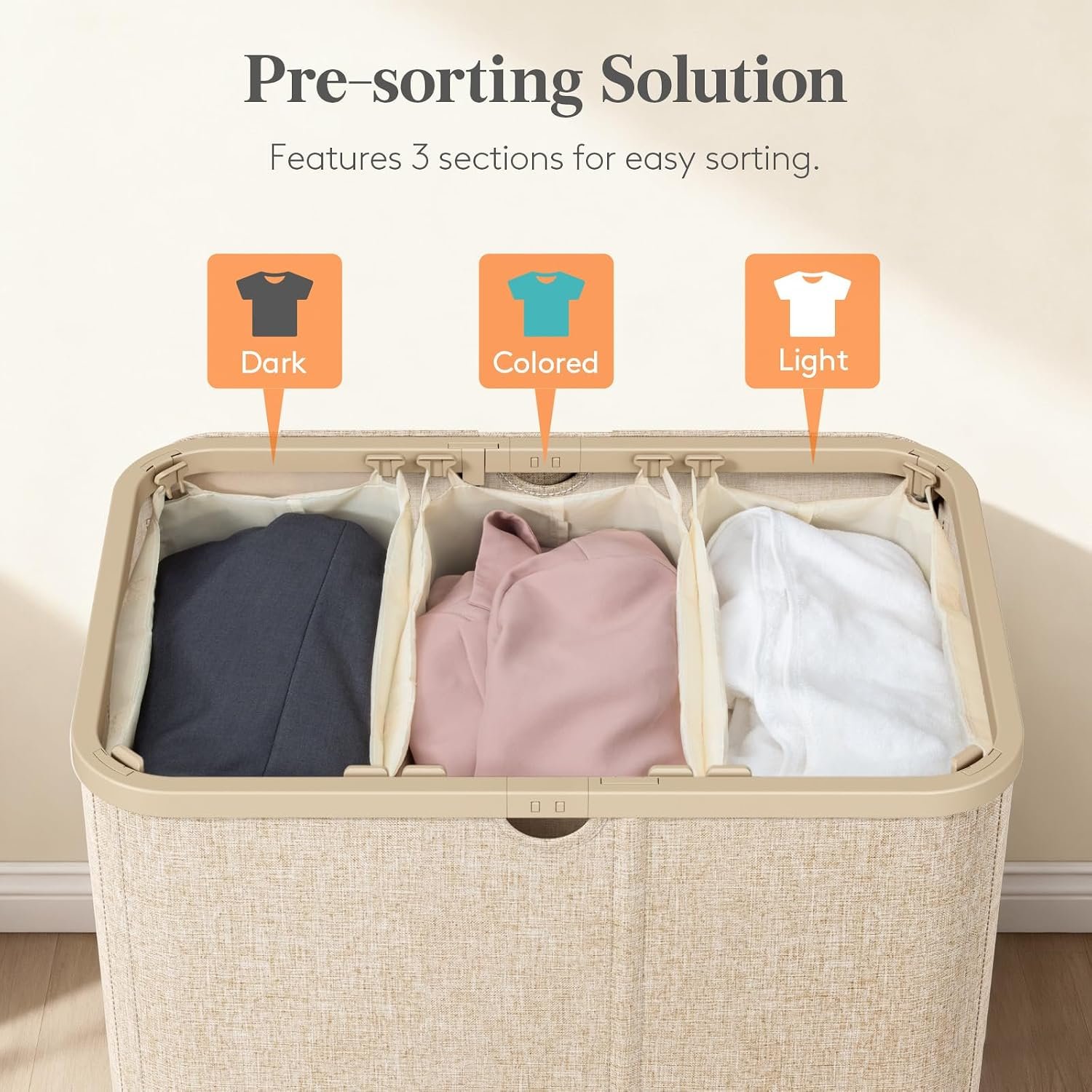 Lifewit 185L 3 Section Laundry Hamper with Lid, Laundry Basket, Beige - Image 3
