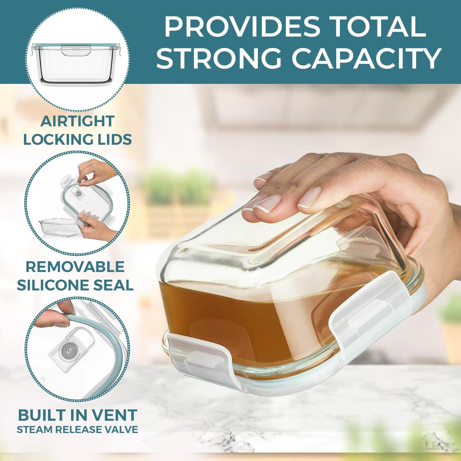 Razab 24 Pc Airtight Glass Food Storage Containers - Glass Meal Prep Containers - Freezer to Oven Safe - Steam Release Valve BPA Free - Airtight Bento Boxes - Leak Proof (12 lids & 12 Containers) - Image 3