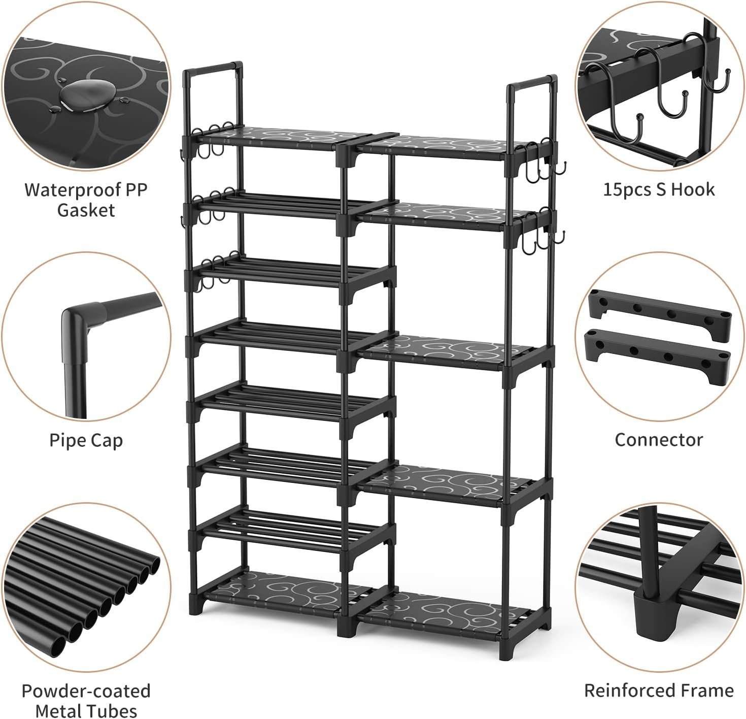 ROJASOP Shoe Rack Organizer, 8-Tier Metal Shoe Rack for Closet Entryway Garage, 26-32 Pairs Tall Shoe Boot Storage Shelf with 15 Hooks, Stackable Large Shoe Stand - Image 5