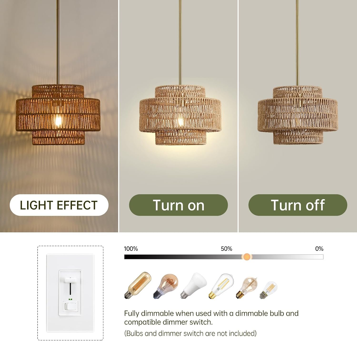 12.4" Rattan Pendant Light for Kitchen Island, Boho Chandelier - Image 4