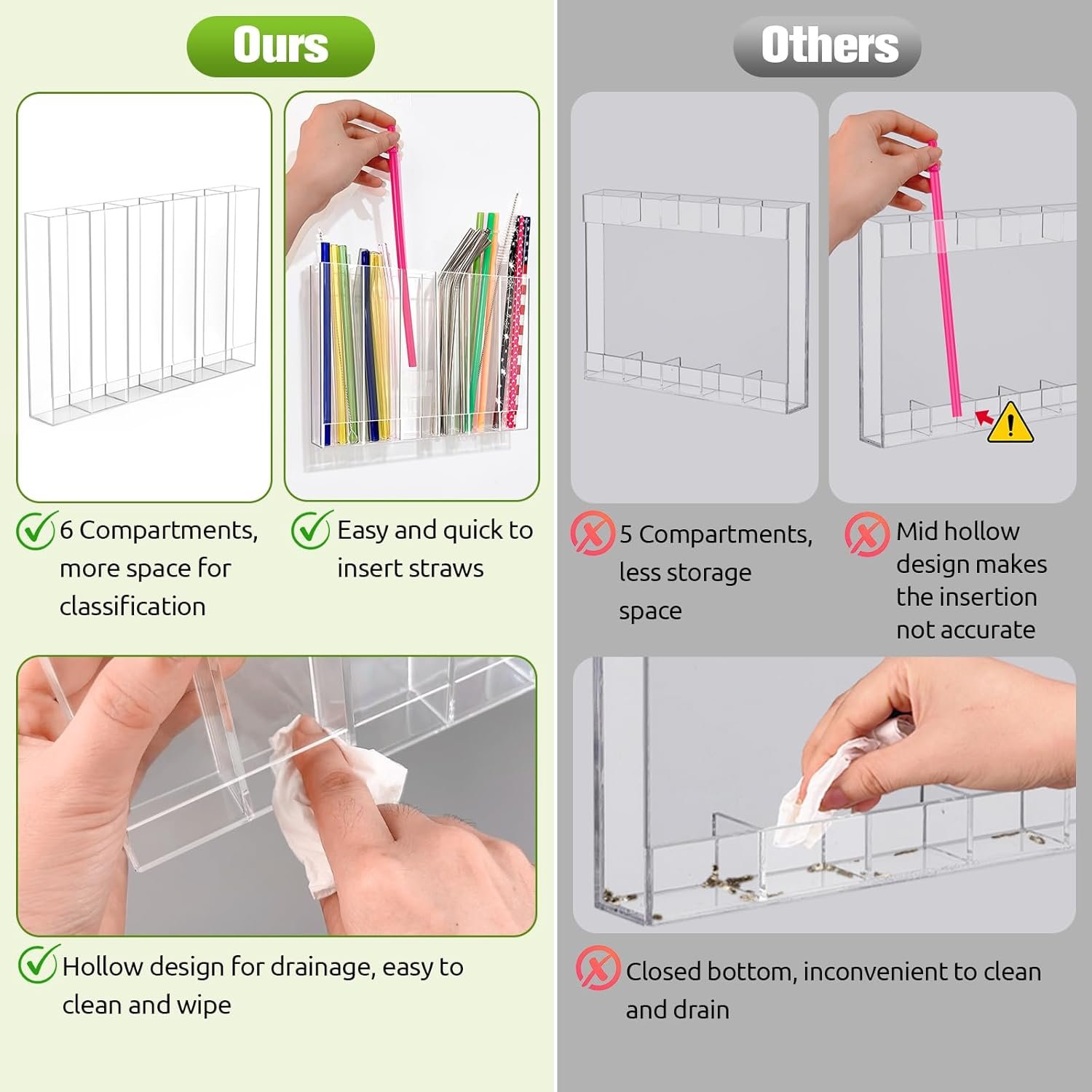 9.6” Large Acrylic Straw Holder for Cabinet Door - 6 compartments, easy to clean, Reusable Tumbler Straw Organizer Storage, Small Kitchen Accessories Container, Ultra Sticky Cupboard Door Mounted - Image 6