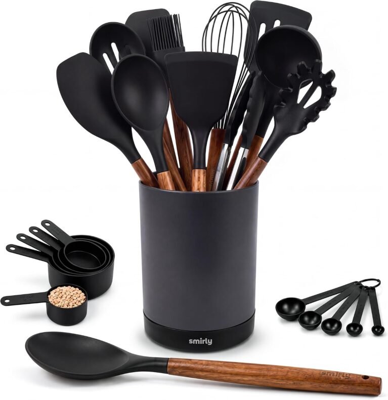 SMIRLY Silicone Kitchen Utensils Set, 22-Piece Acacia Wood Handle, Black