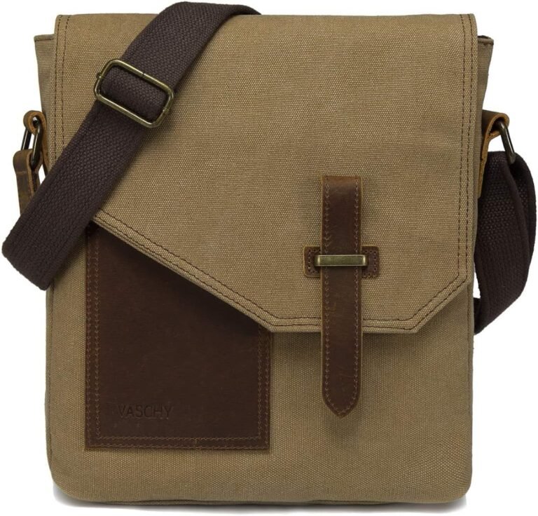 VASCHY Messenger Bag for Men & Women, Genuine Leather with Canvas, Vintage Anti-Theft Crossbody Bag for Men
