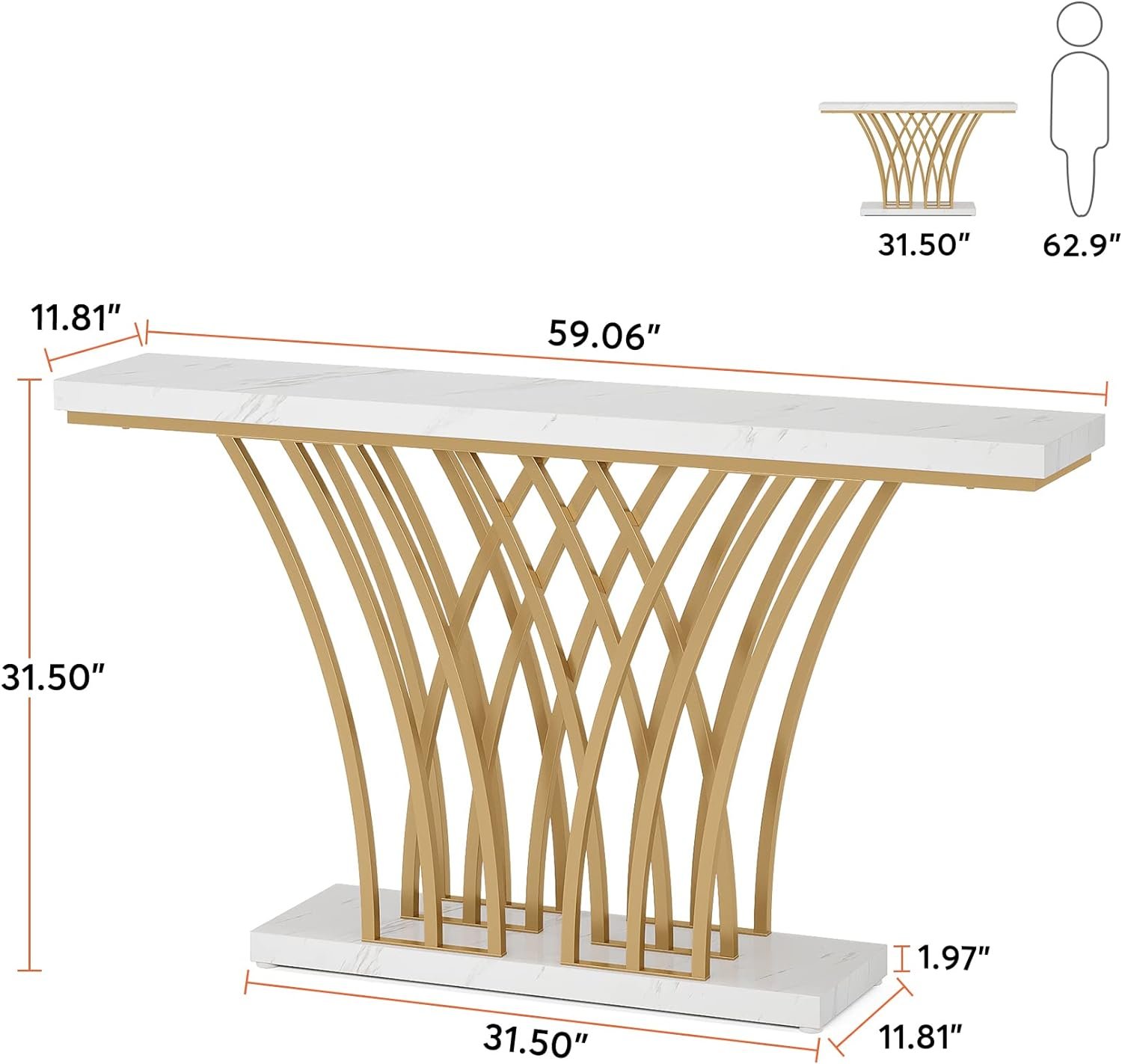 Tribesigns 59 inch Gold Console Table, Modern Entryway Table with Grid-Shaped Metal Base for Entrance, Hallway, Entryway, Living Room(White Faux Marble & Gold) - Image 2