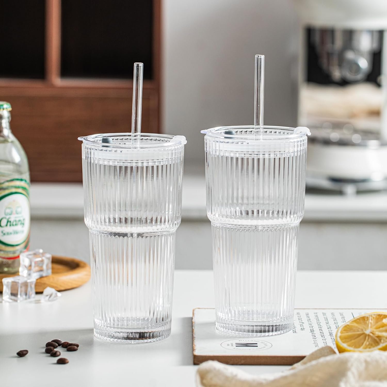 INSETLAN 20 oz Ribbed Glass Tumblers with Lids and Glass Straws – 4-Piece Glassware Set, Thickened Wall, Ideal for Iced Coffee, Smoothies, Cocktails, and Juices – Elegant and Durable Drinkware - Image 8