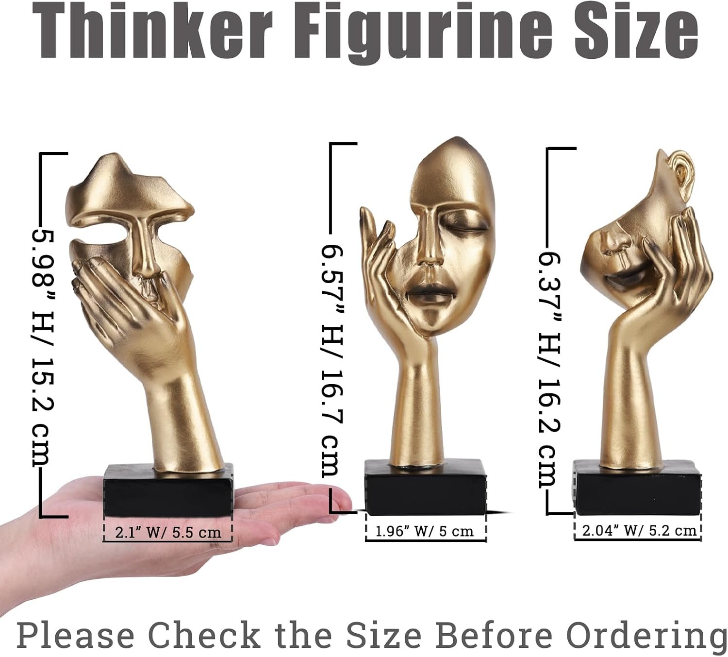 3 Pcs Thinker Small Statue Set - Black Gold Home Decor Abstract Art Figurines for Shelves, Living Room Coffee Table, Office Desktop (3 Pcs Gold, 6") - Image 3