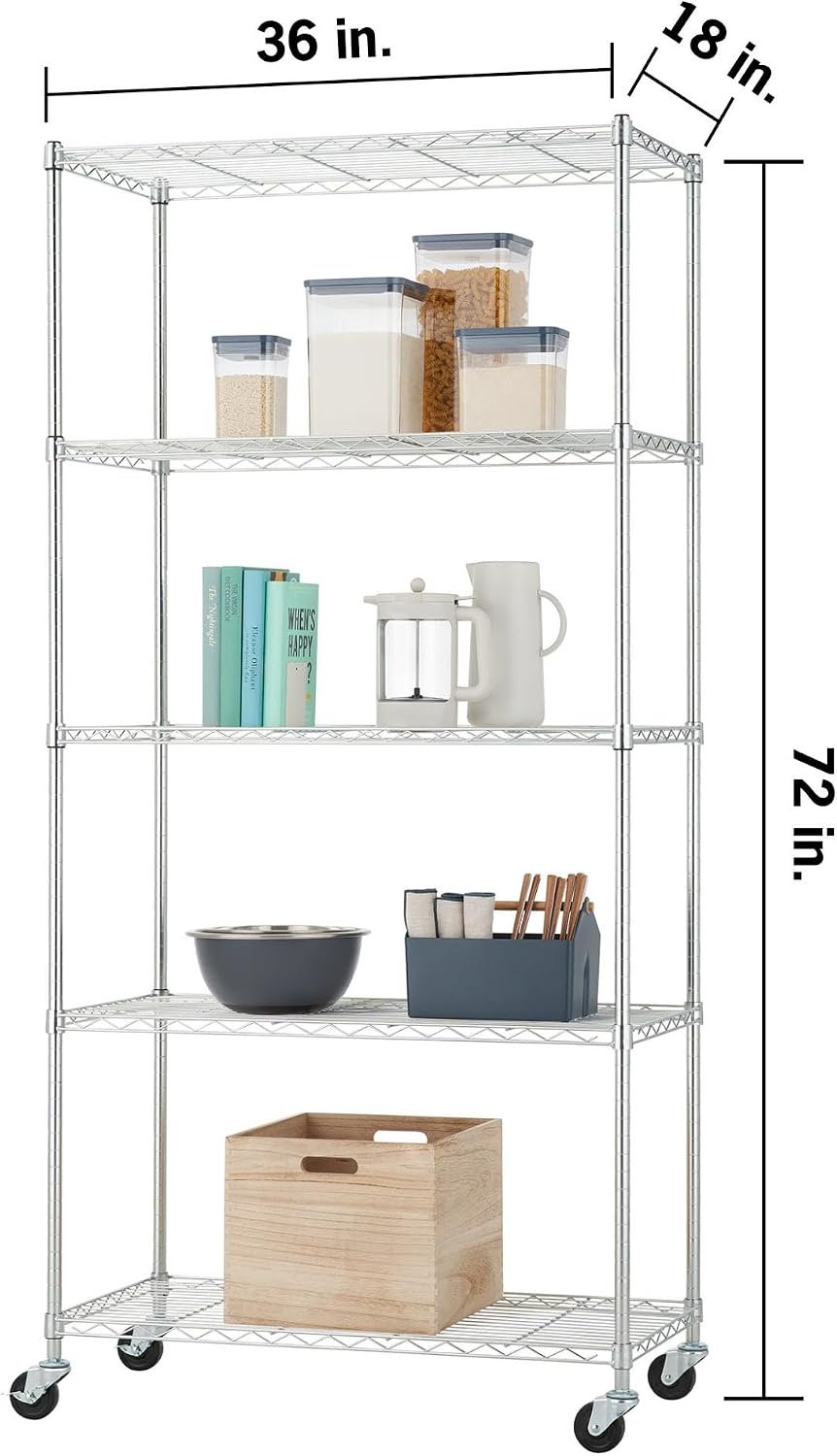 5-Tier Adjustable Wire Shelving with Wheels, Wire Shelf Rack for Kitchen Organization, Garage Storage, 400 to 2000 Pound Capacity, NSF Certified, 36” x 18” x 72”, EcoStorage Chrome - Image 3