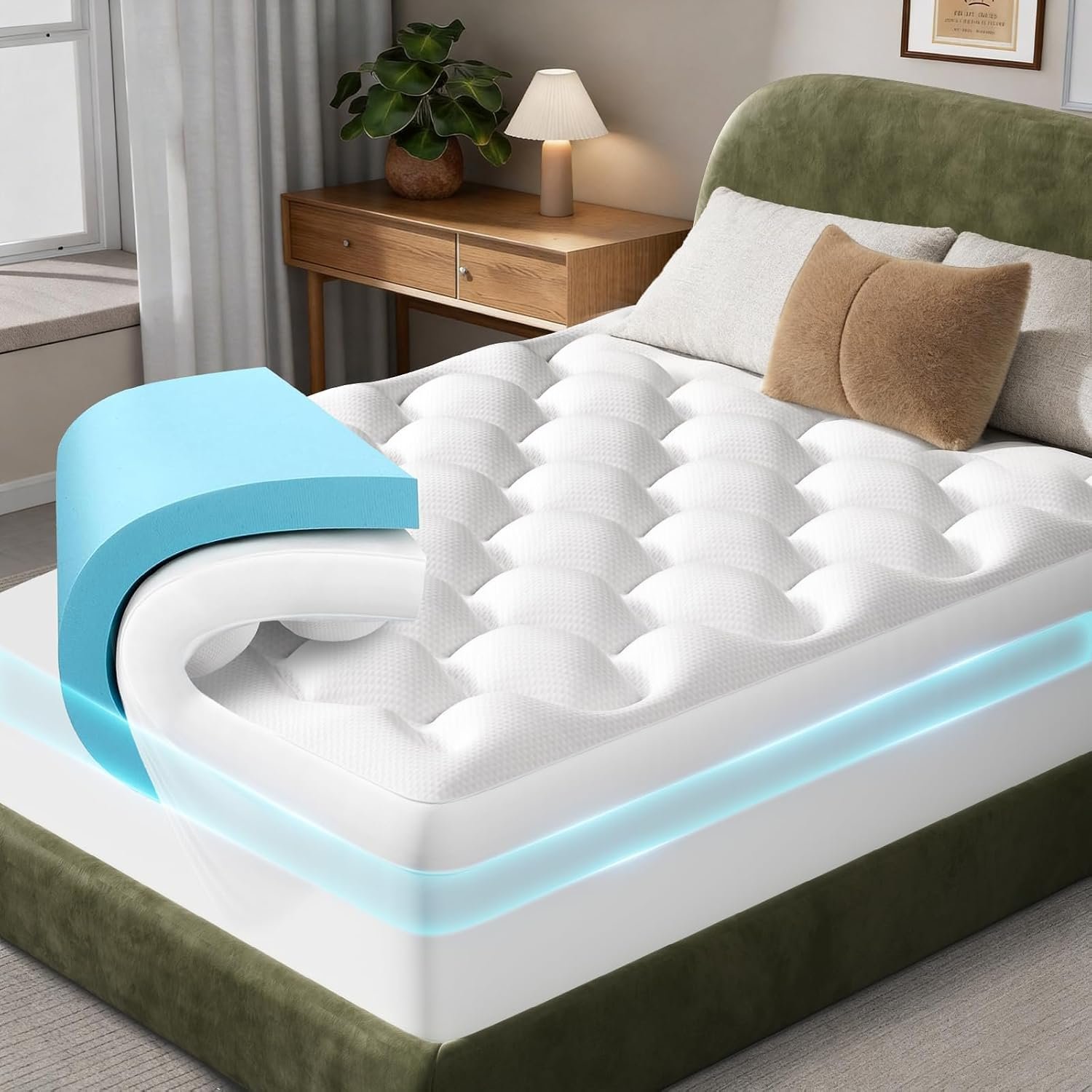 OhGeni Cooling 4 lnch Queen Size Dual Layer Mattress Topper, 2 Inch Gel Memory Foam, 2 Inch Soft Pillow Top Pad, Guest Bedroom Essentials Mattresses Cover, with 1000 pcs air Holes
