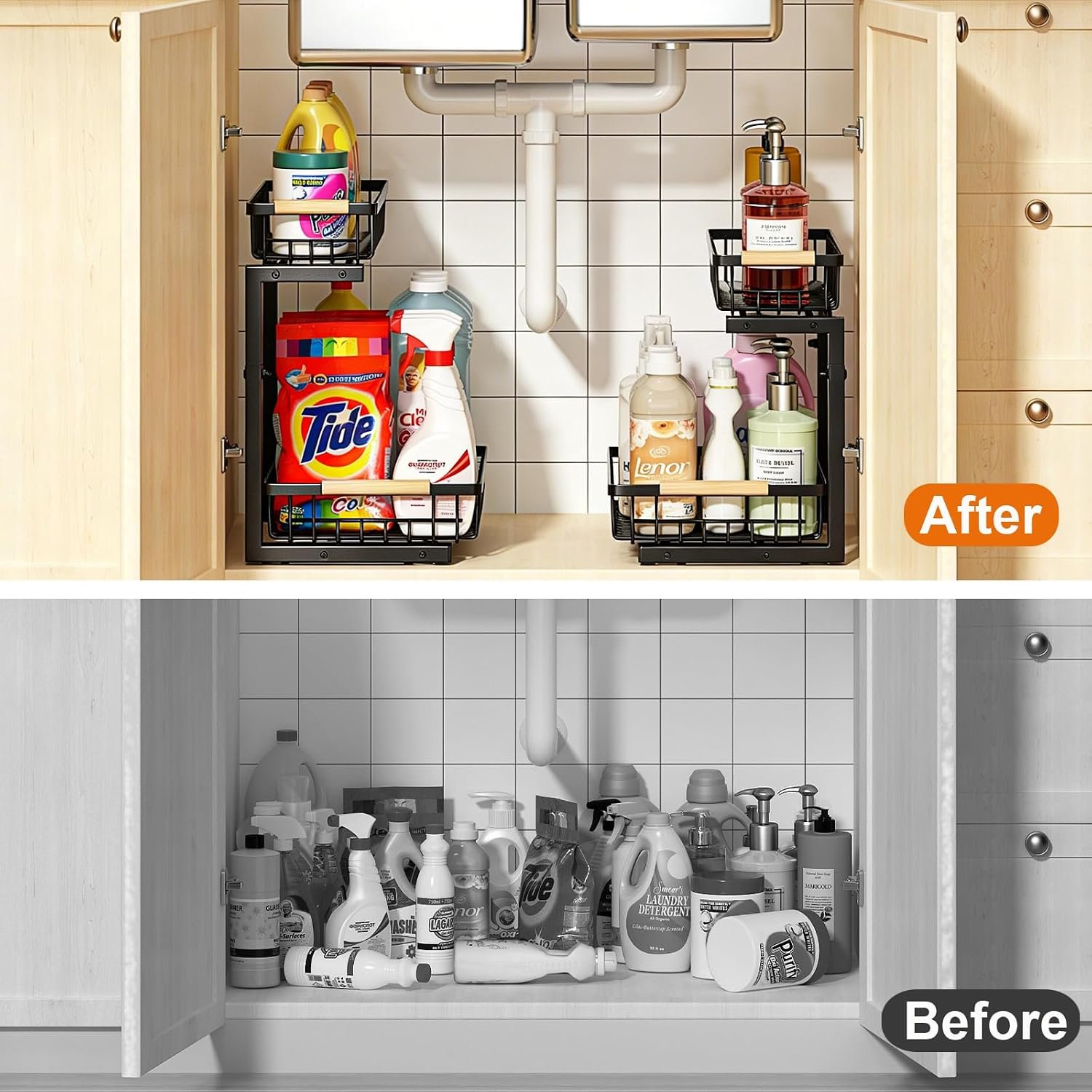 REALINN Under Sink Organizer, 2 Pack Height Adjustable Under Sink Organizers and Storage, 2 Tier Pull Out Drawer Cabinet Storage for Kitchen Bathroom - Image 6
