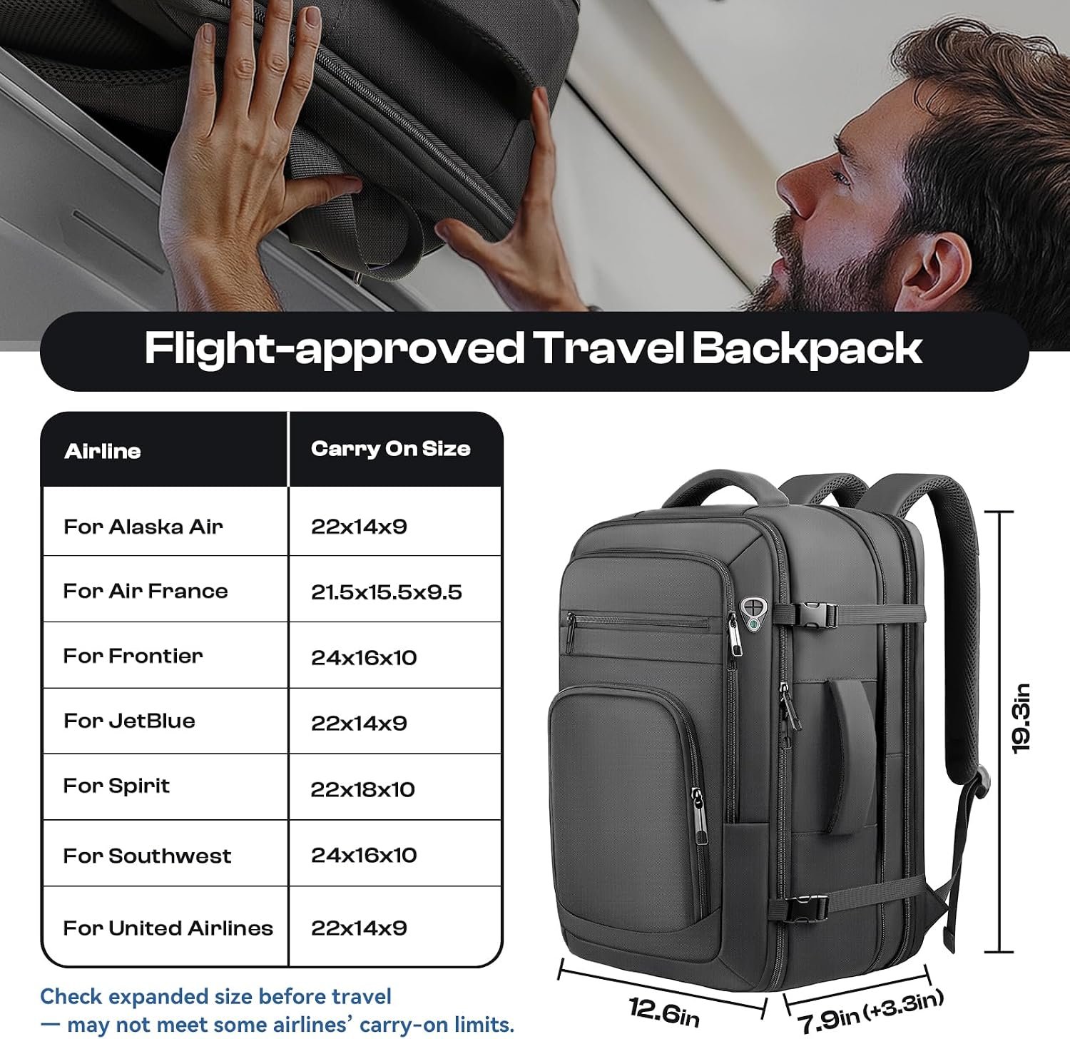 Roomy Travel Backpack,Expandable 40L-50L Carry On Backpack For 17.3" Laptop - Image 7