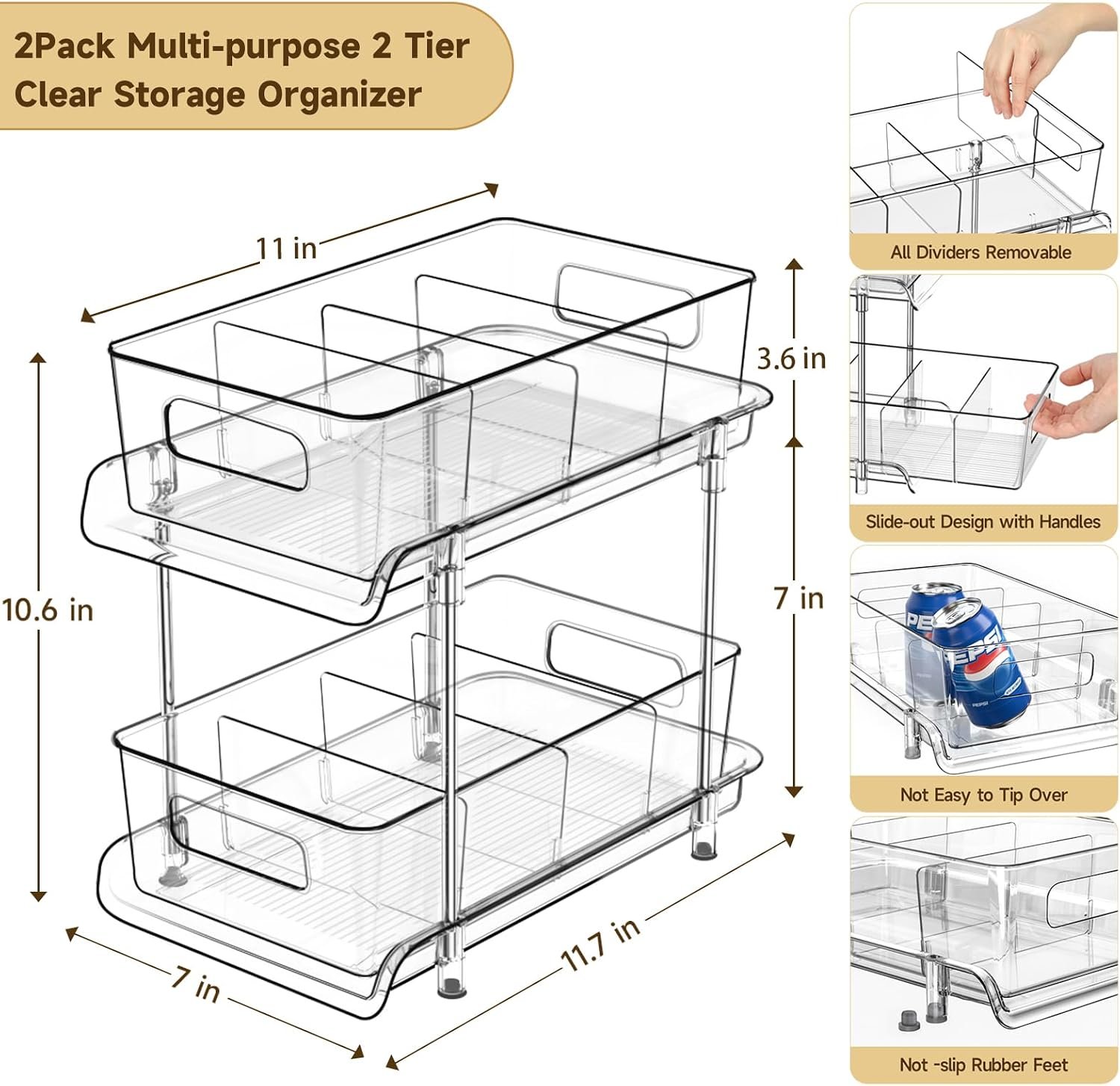 HIHEGD 2-Tier Bathroom Organizer with Dividers, Clear Under Sink and Pull-Out Cabinet Organizer for Kitchen and Pantry Storage - Image 3