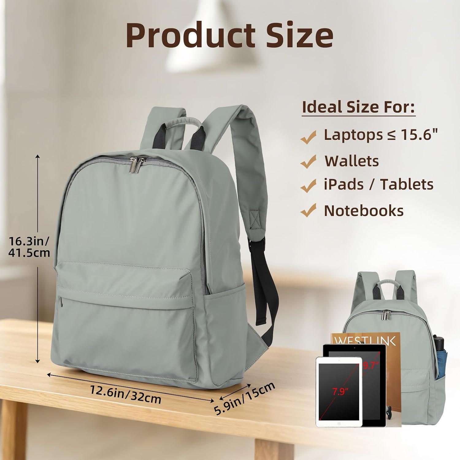 Zicac Canvas Backpack, Classic Basic Daypack, Lightweight Casual Travel Daypack Satchel Backpack (Gray-Green) - Image 5