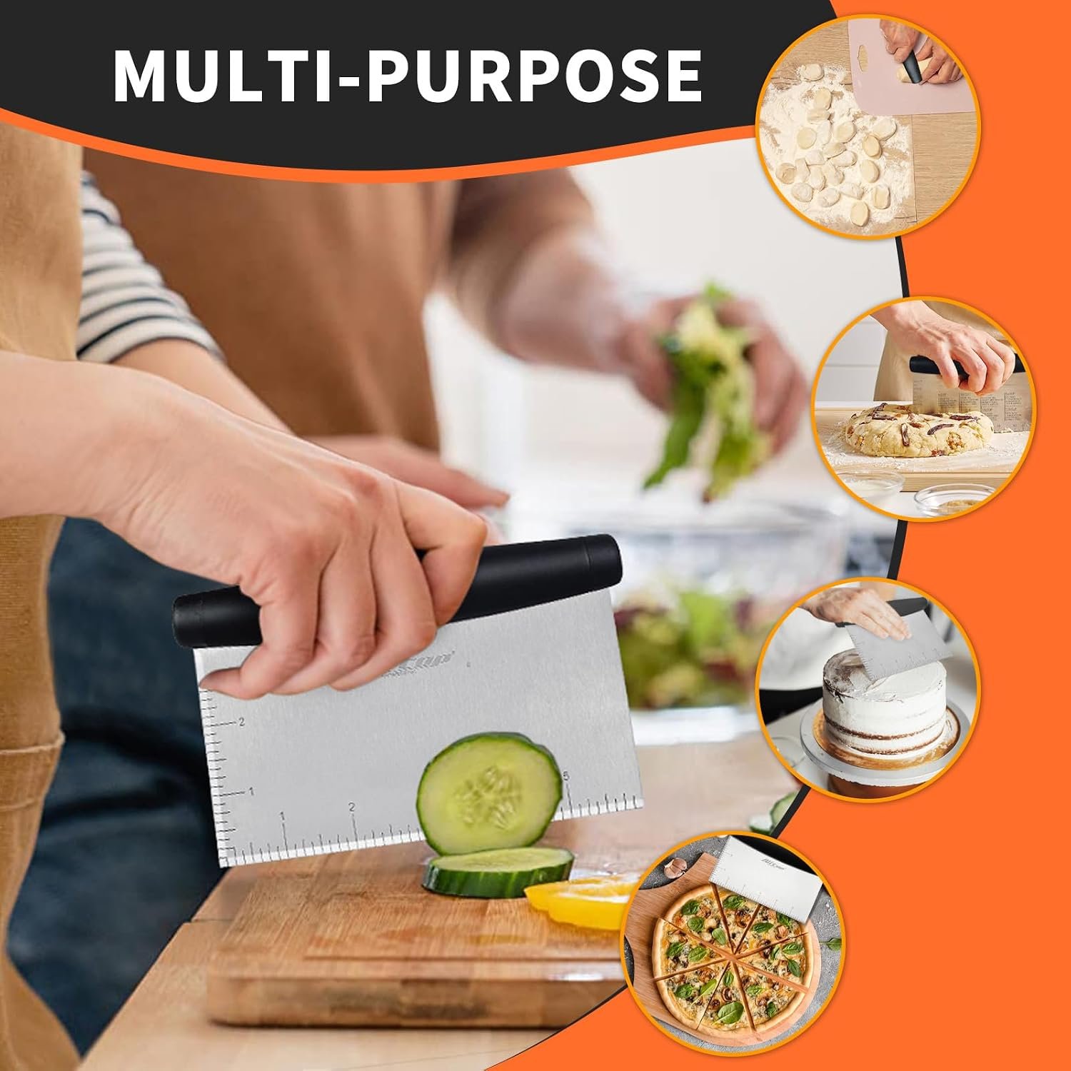 ALLTOP Bench Scraper & Chopper for Kitchen - Ideal Baking Essential Utensil,Stainless Steel Pastry/Dough/Food Cutter Tool for Cake Pizza Bread,Cooking - 1 Pack,Black - Image 7