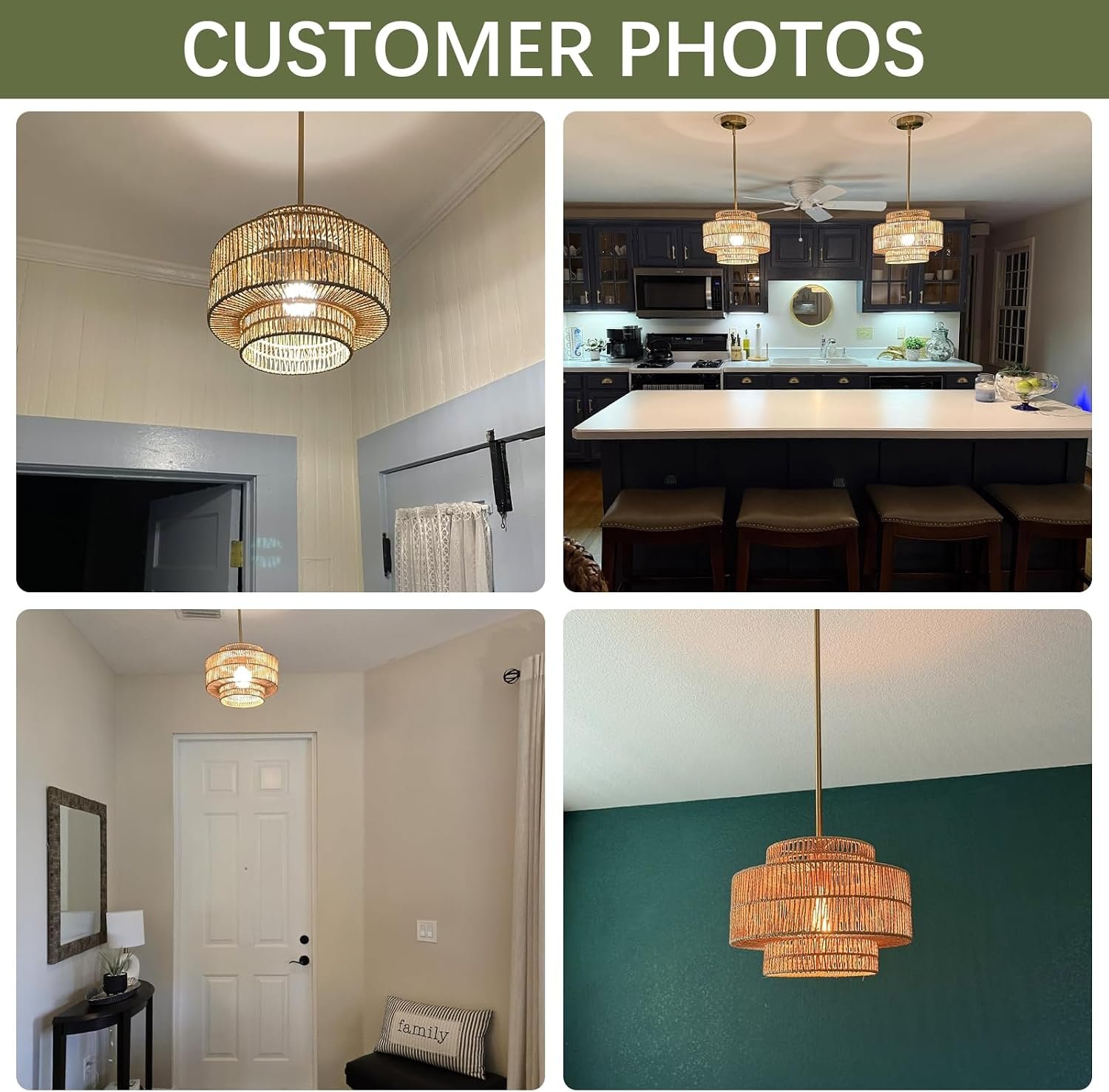12.4" Rattan Pendant Light for Kitchen Island, Boho Chandelier - Image 7