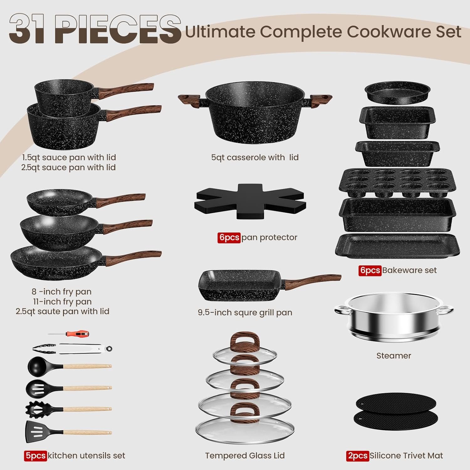 Pots and Pans Set Non Stick, 31 Piece Kitchen Induction Cookware & Bakeware Set, Nonstick Kitchen Cooking Pans Set with Frying Pans Set Grill Pan Saucepan Baking Sheet & Utensils, PFOA Free - Image 2