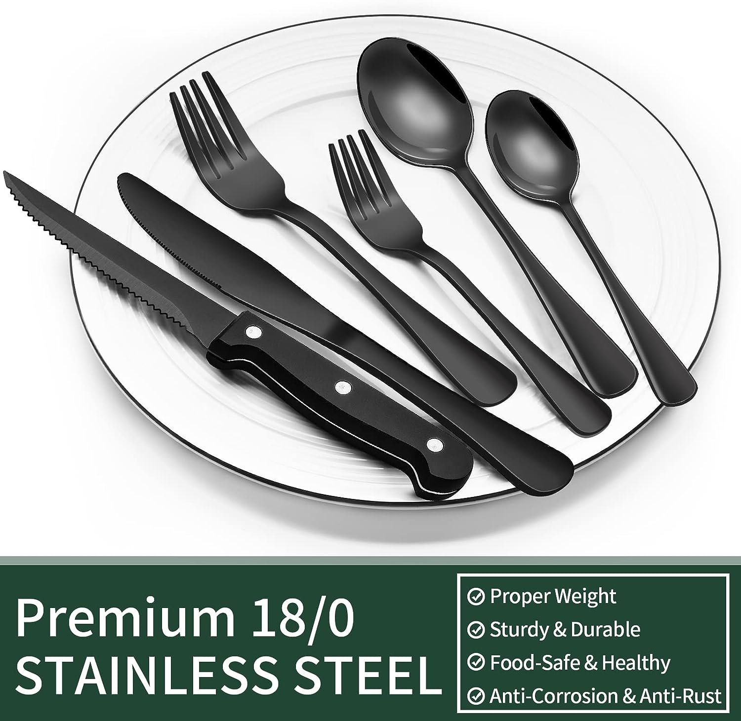 EWFEN 24-Piece Black Silverware Set with Steak Knives, Black Flatware Set for 4, Food-Grade Stainless Steel Tableware Cutlery Set, Mirror Finished Utensil Sets for Home Restaurant, Round Edge - Image 5