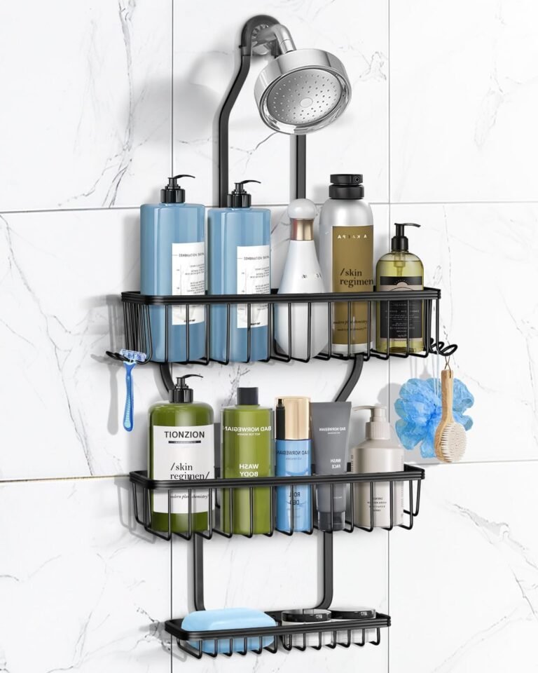 Shower Caddy Hanging - Never Rust Shower Hanging Organizer - Aluminum Over the ShowerHead Caddy with Soap Basket and 6 Hooks for Razor/Sponge (Black)