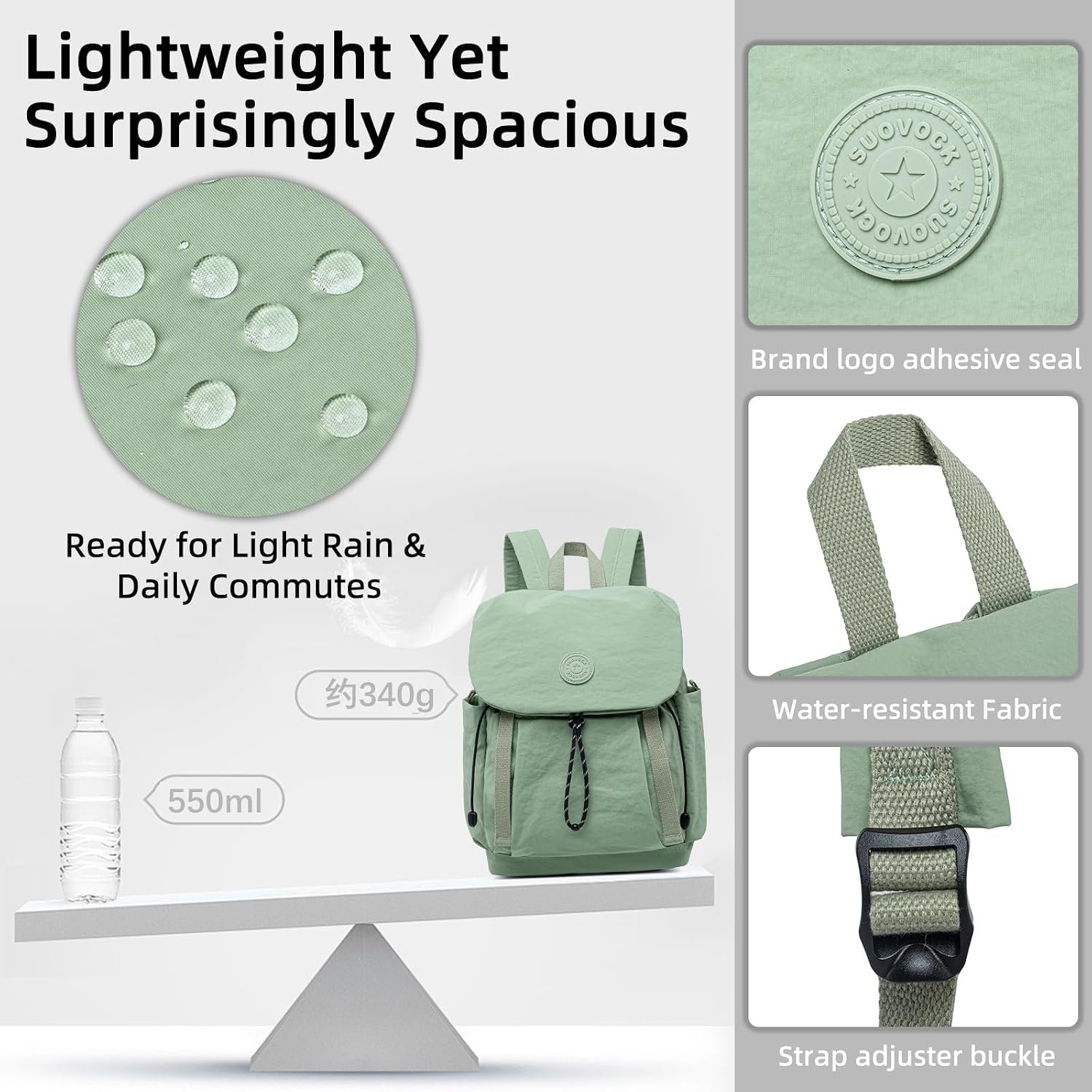 Women's Lightweight Backpack Purse, Water Resistant Nylon Casual Travel Backpack with Multiple Pockets, Fashion Daypack for Work, Shopping, Hiking, Travel & Daily Use (Sage Green, Small) - Image 7