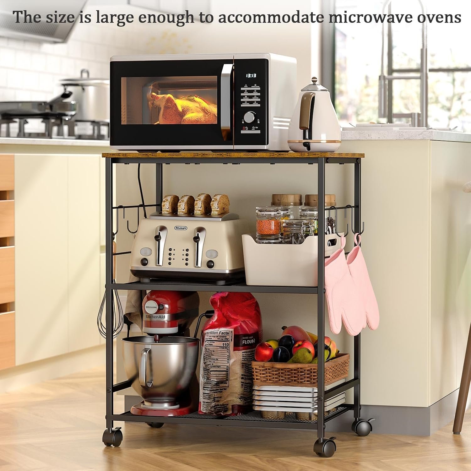 ThreeHio Rolling Kitchen Microwave Cart, 3 Tier Microwave Table Stand with Storage, Kitchen Utility Cart on Lockable Wheels, Small Coffee Cart Shelf Rack Organizer for Living Room Office, Balcony - Image 3