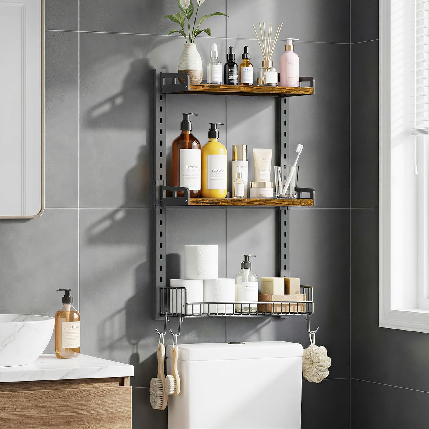 Kalrin 3 Tier Bathroom Shelves Over Toilet - Wall Mounted Floating Shelves with Drain Basket, Toilet Paper Storage, Height Adjustable Over The Toilet Storage, Vintage Brown