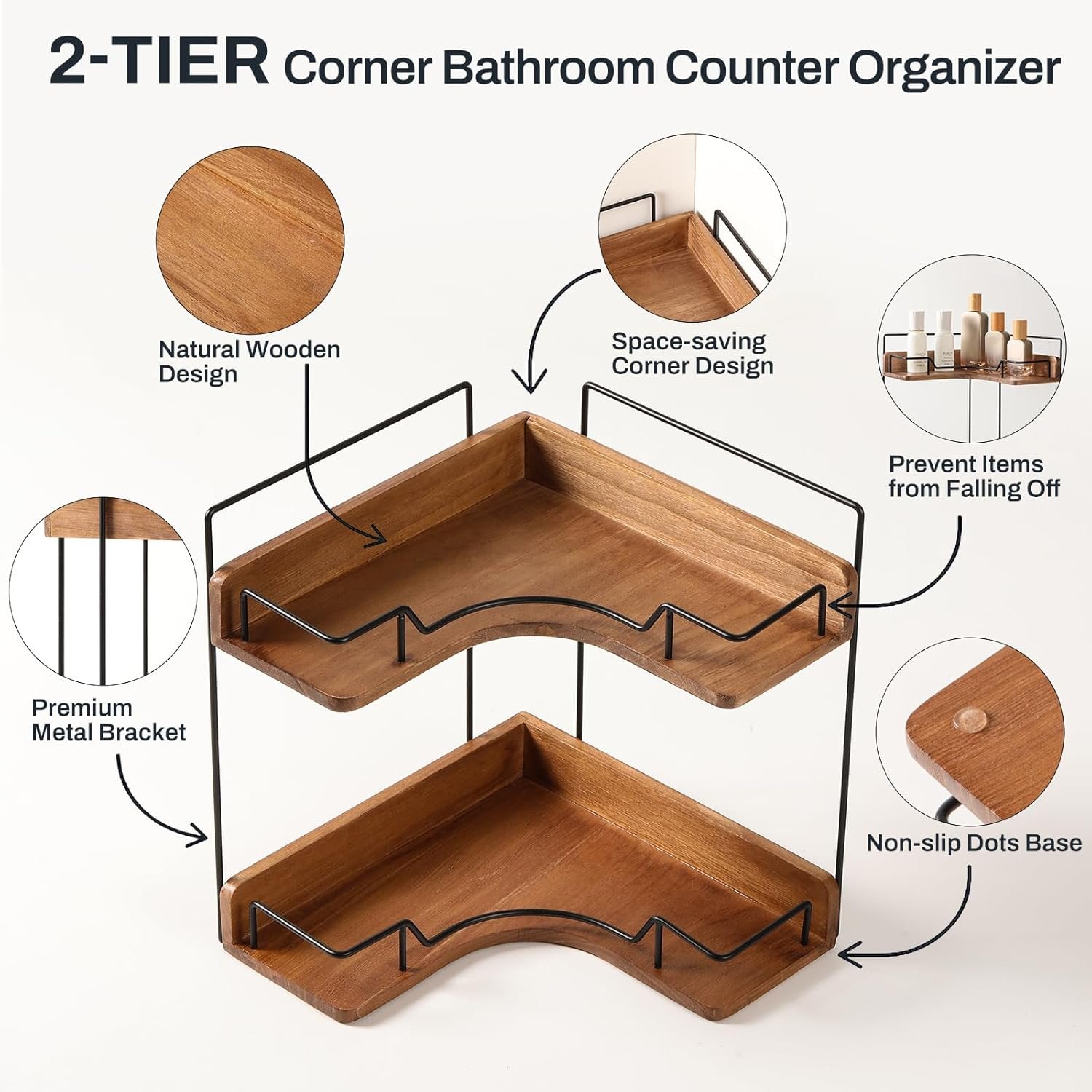 2-Tier Bathroom Counter Organizer, Wooden Corner Shelf for Vanity Countertop Skincare & Makeup, Storage and Organization for Kitchen - Image 3