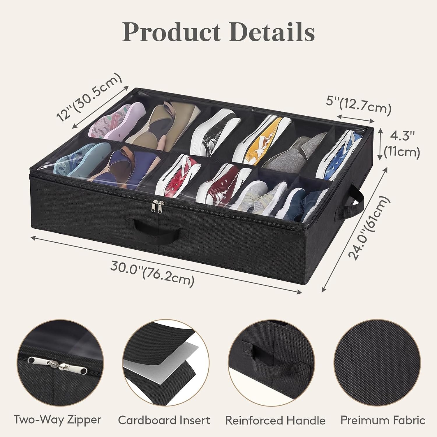 Lifewit Under Bed Shoe Storage Organizer 2 Pack(12 Shoes Cells), 4.3 Inches Profile Fabric Shoes Container Box with Clear Cover, Foldable Storage Bag with 2 Handles, Fits 12 to 24 Pairs - Image 5