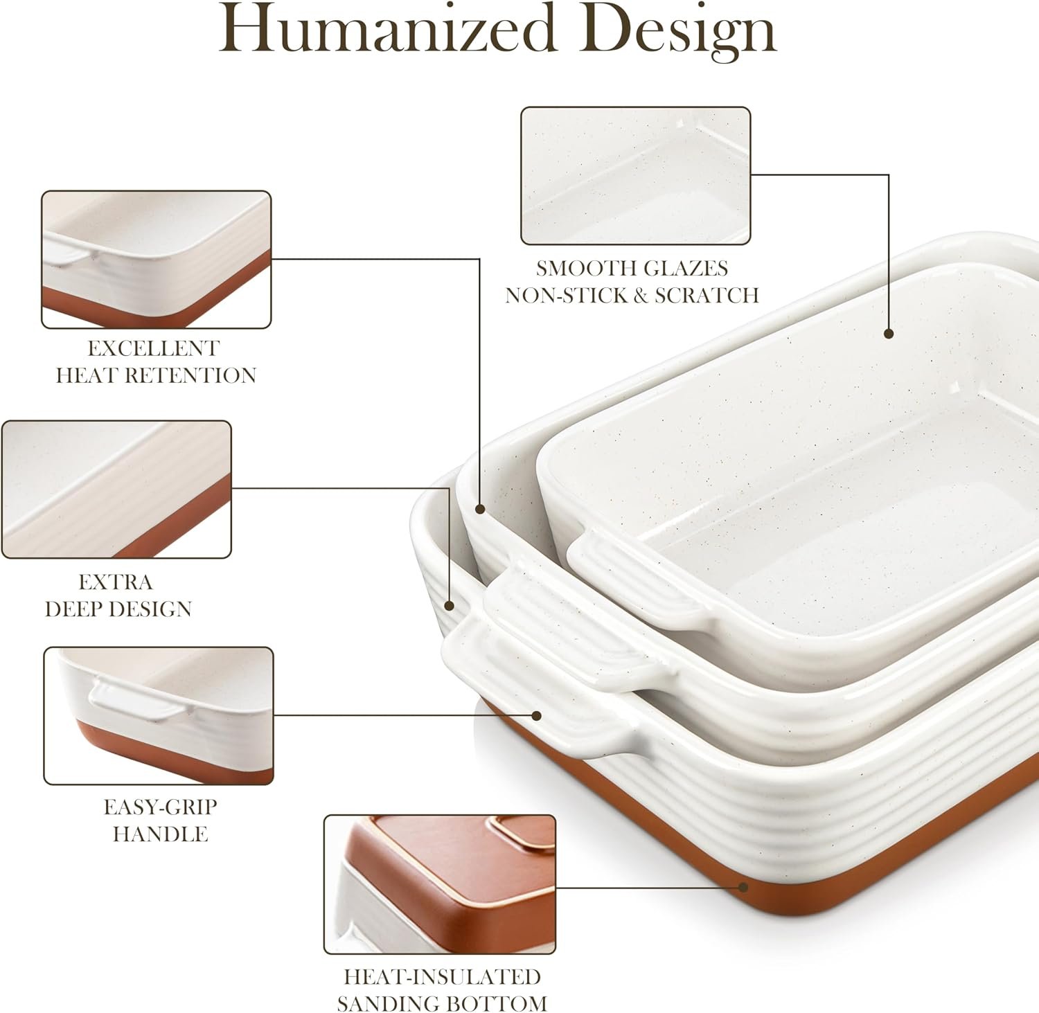 MALACASA Casserole Dishes for Oven, Ceramic Baking Dishes Set of 3, Baking Pan Casserole Dish Set, Rectangular Lasagna Pan Deep with Handles for Baking, Khaki White (14.5''/13''/10.5''), Series TARA - Image 5