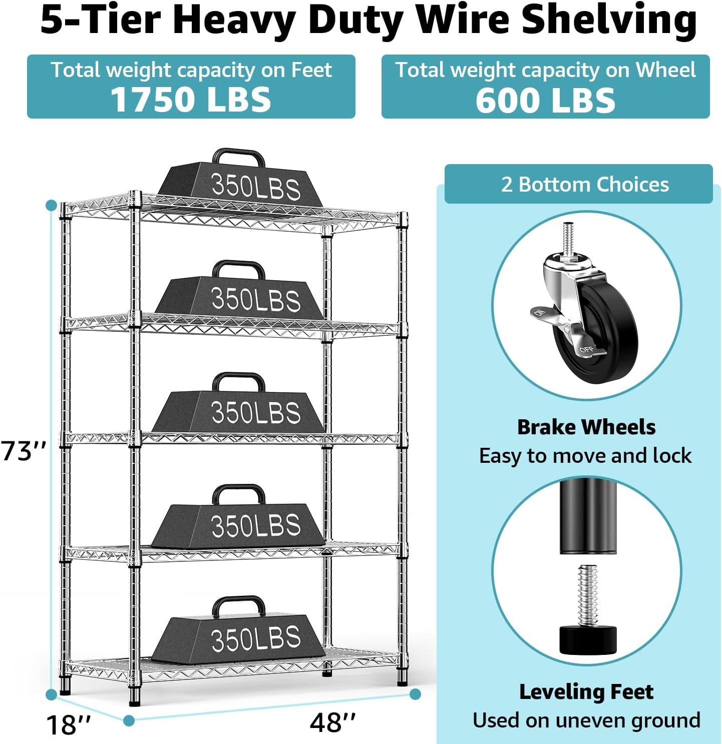 M MZG 5-Shelf Storage Shelves,Wire Shelving Heavy Duty Metal Storage Shelving Unit Adjustable Garage Shelving Rack Pantry Kitchen (Chrome, 5 Tier,17.7" D x 47.2" W x 76.7" H) - Image 3