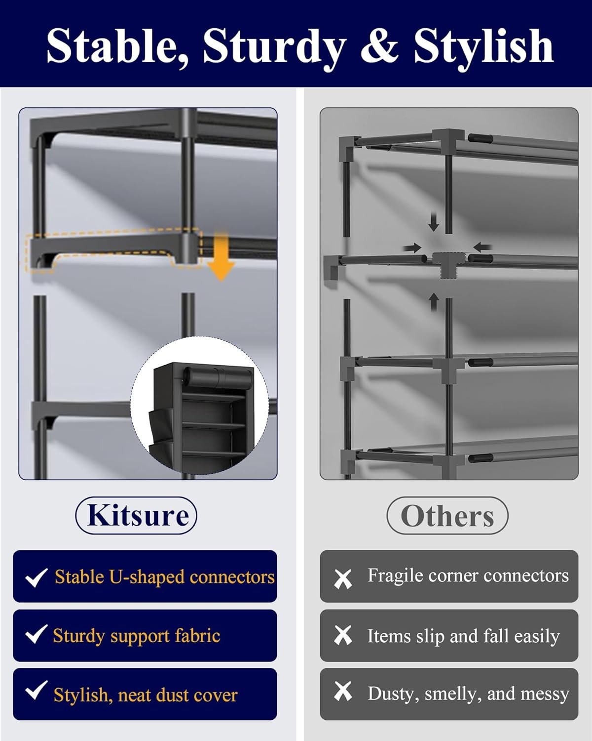 Kitsure 10-Tier Shoe Rack with Cover, Vertical Shelf, 17.5" Wide, Black - Image 6