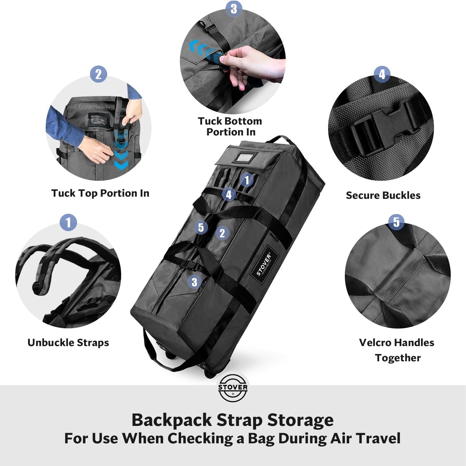 STOVER 45/80/100L Rolling Duffel Bag with Wheels, X-Large Durable Travel Duffle + Toiletry Bag, Heavy Duty, Packable with Shoulder Straps- Use as Luggage or Backpack, Men/Women (Black) - Image 9
