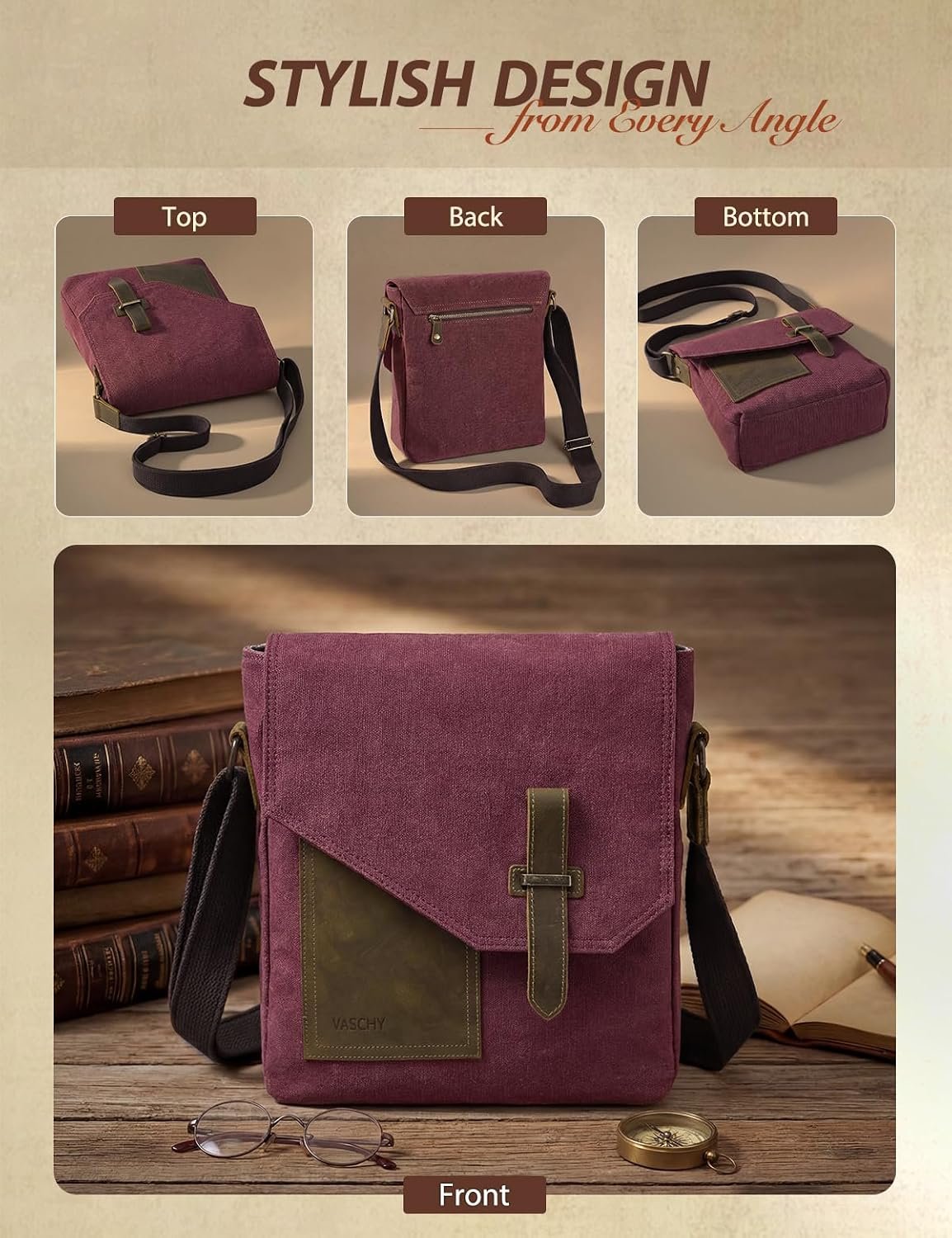 VASCHY Messenger Bag for Men & Women, Genuine Leather with Canvas, Vintage Anti-Theft Crossbody Bag for Men - Image 6