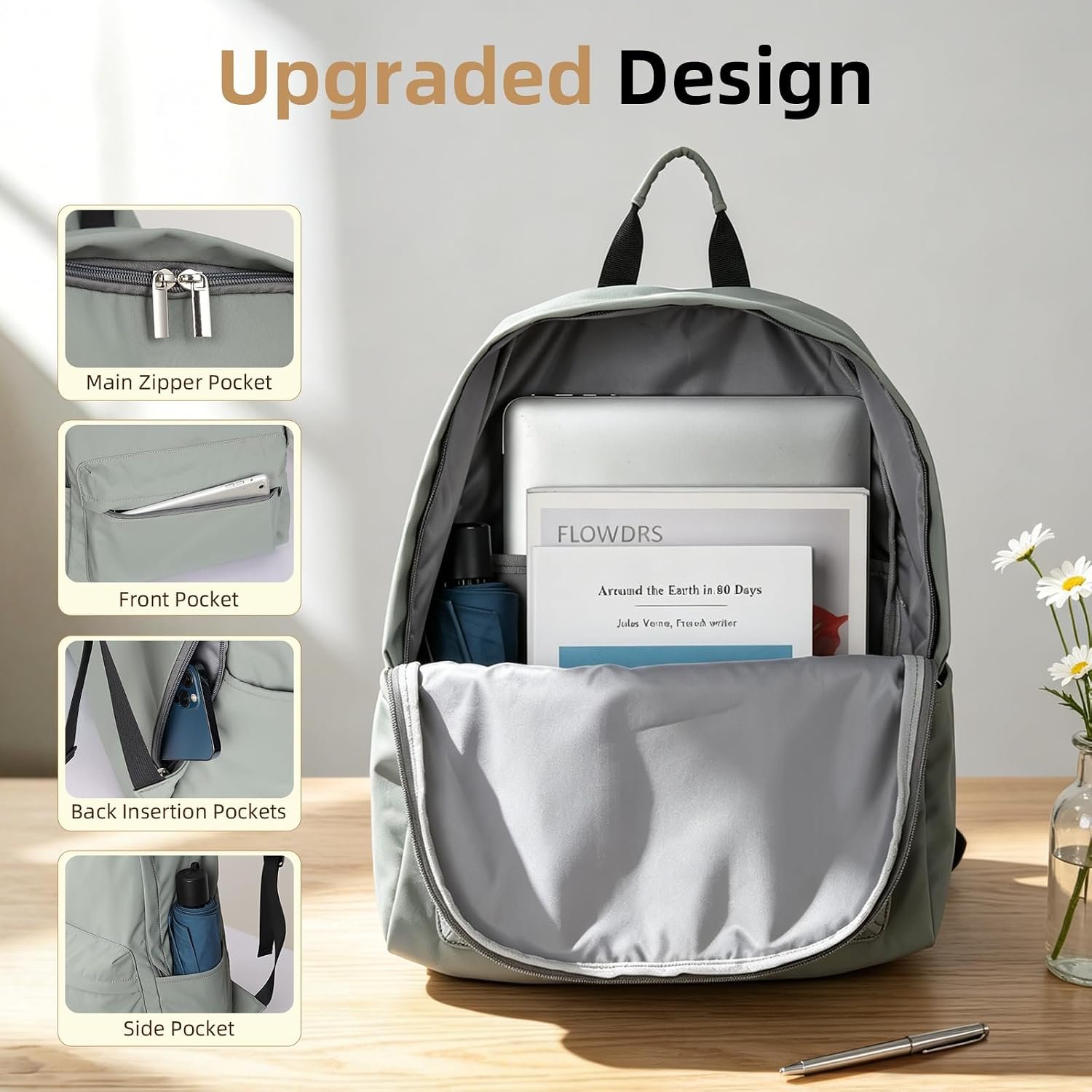 Zicac Canvas Backpack, Classic Basic Daypack, Lightweight Casual Travel Daypack Satchel Backpack (Gray-Green) - Image 4