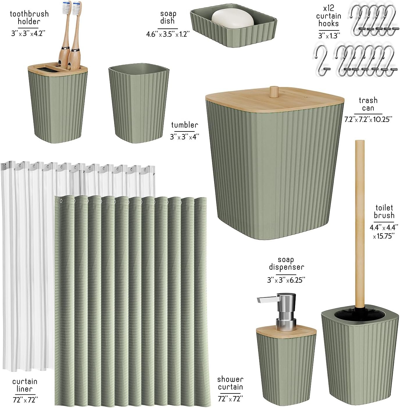 Clara Clark Bathroom Accessories Set - Bathroom Set, Bathroom Accessory Set, Shower Curtain Set, Toilet Brush, Trash Can & Soap Dispenser - Sage Green - 20PC - Image 2