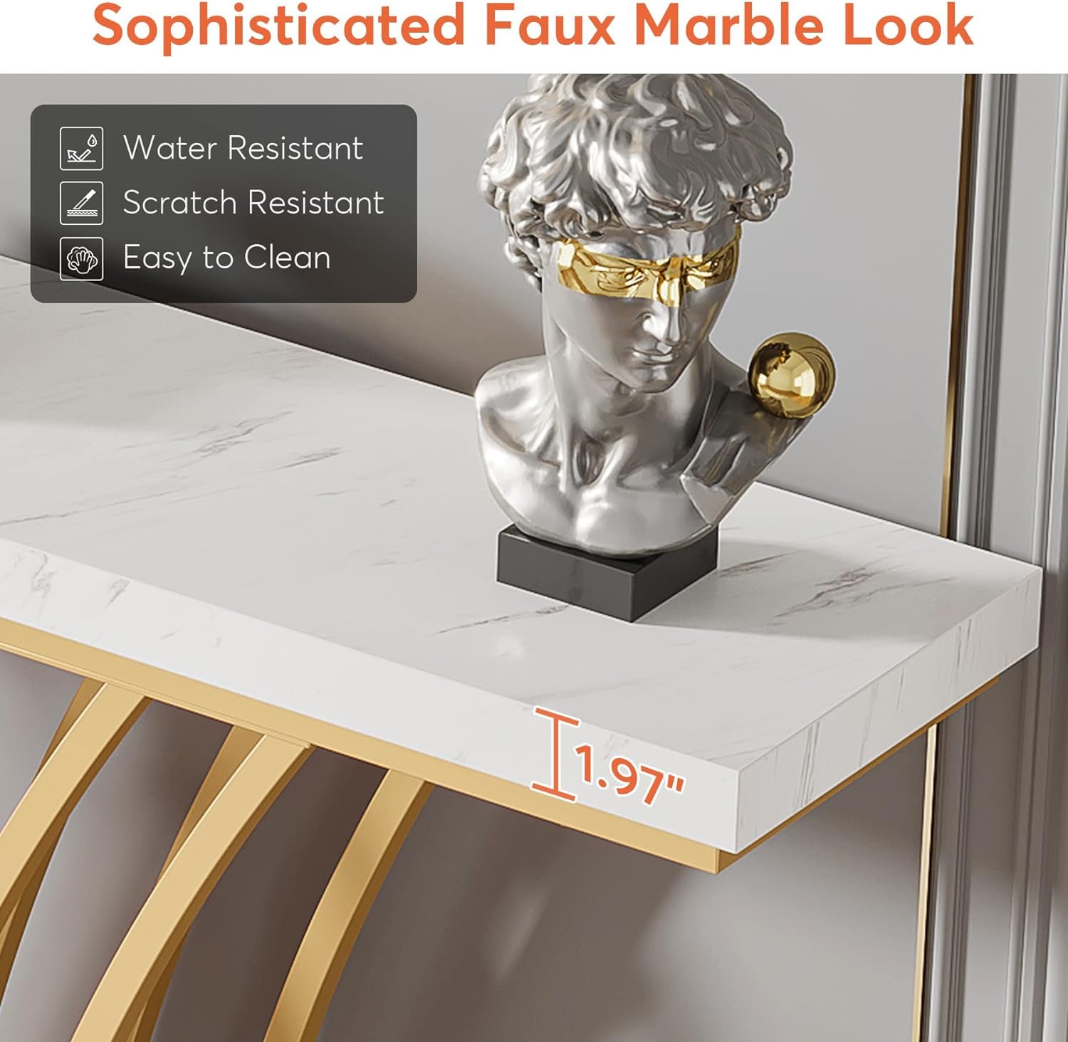 Tribesigns 59 inch Gold Console Table, Modern Entryway Table with Grid-Shaped Metal Base for Entrance, Hallway, Entryway, Living Room(White Faux Marble & Gold) - Image 6