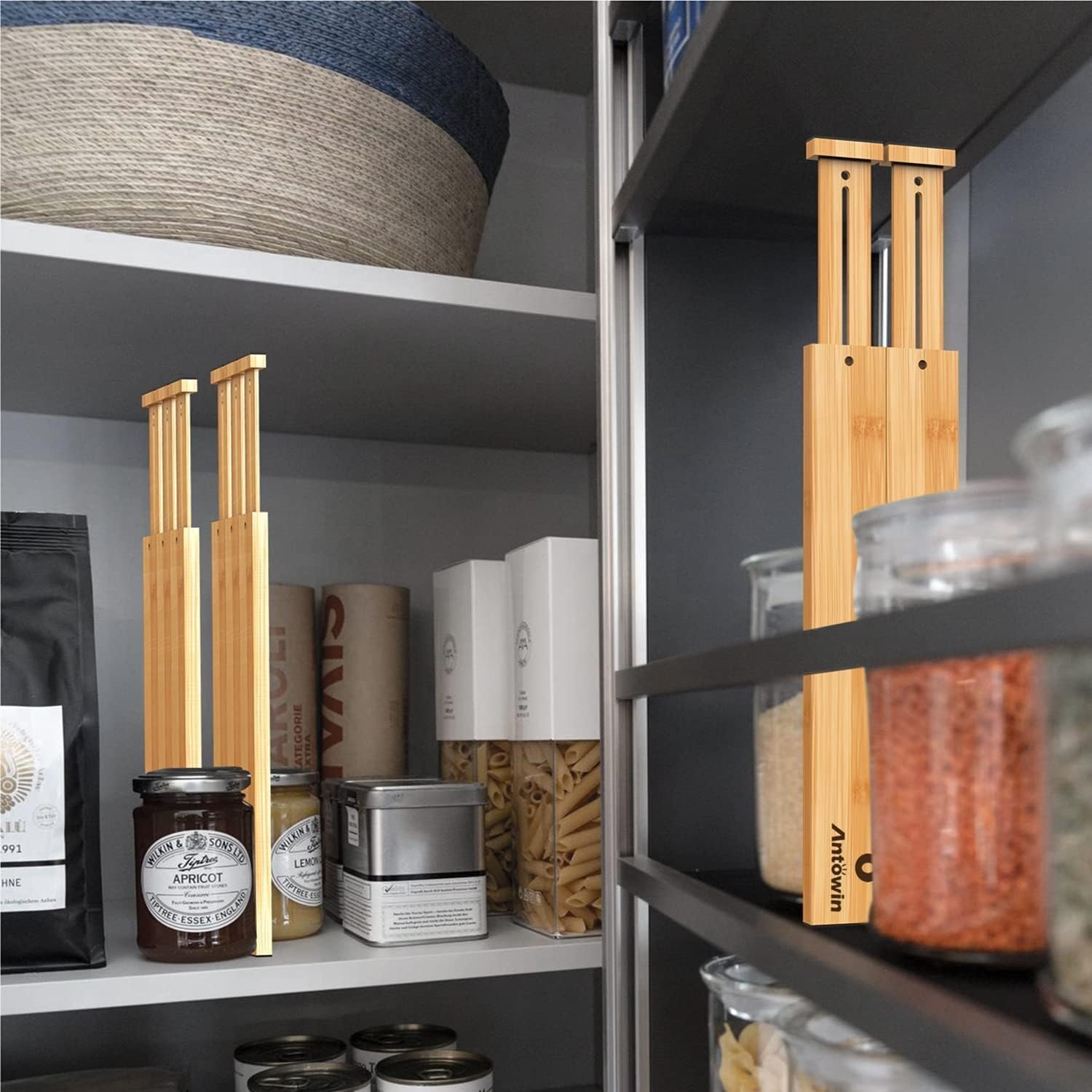 ANTOWIN Bamboo Drawer Dividers, Expandable Drawer Separators Splitter, 17-22 inches Adjustable Spring-loaded Organizer for Large Utensil, Clothes, Tools Drawers, 6 Pack Dividers + 4 Pack Baffle - Image 8