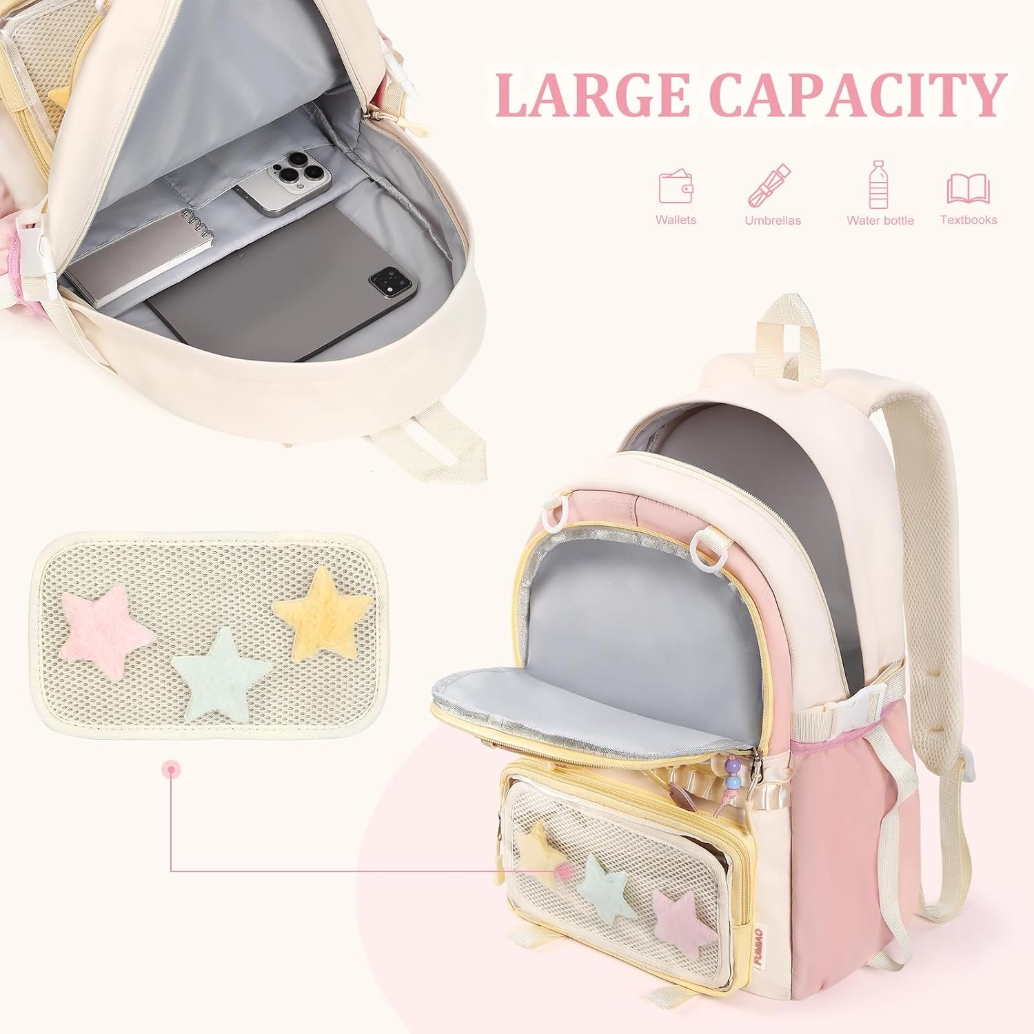 Kawaii ita Backpack - Cute Backpack Coquette Aesthetic Back Pack Y2K Daypack with Clear Pockets with Clear Pockets (Pink) - Image 5