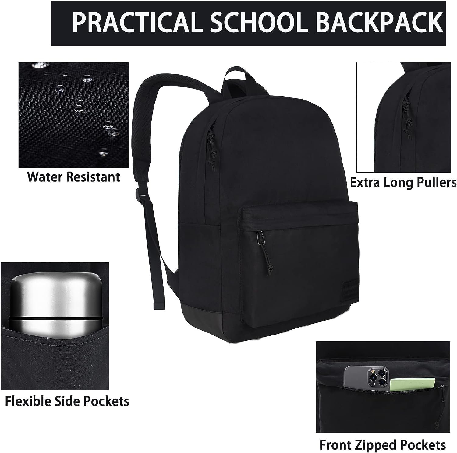 SUPACOOL Casual Laptop Backpack for Men and Women, Work backpack, Black Backpacks, College School Backpack for Boys and Girls, Lightweight Travel Back Pack(Black) - Image 4