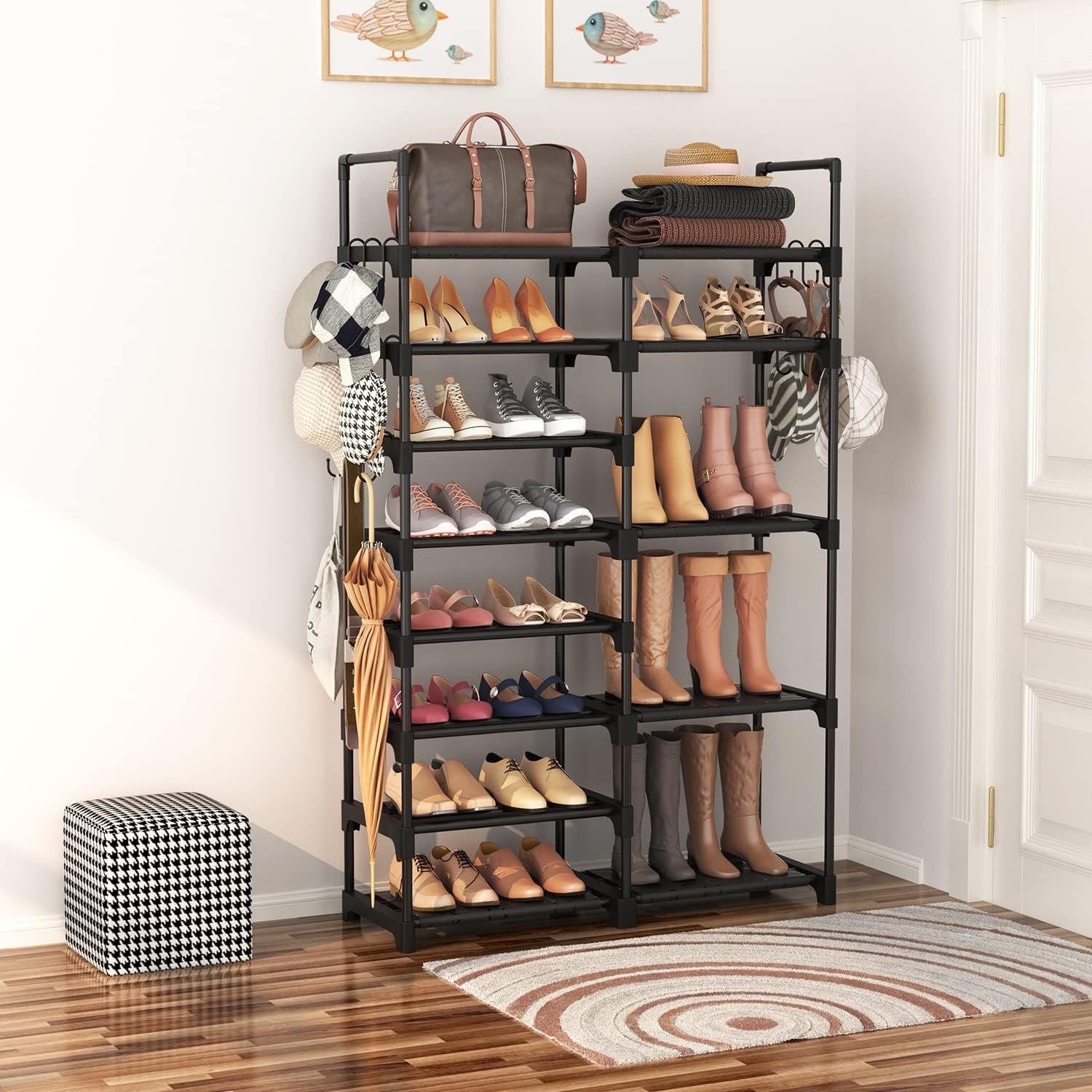 ROJASOP Shoe Rack Organizer, 8-Tier Metal Shoe Rack for Closet Entryway Garage, 26-32 Pairs Tall Shoe Boot Storage Shelf with 15 Hooks, Stackable Large Shoe Stand - Image 2