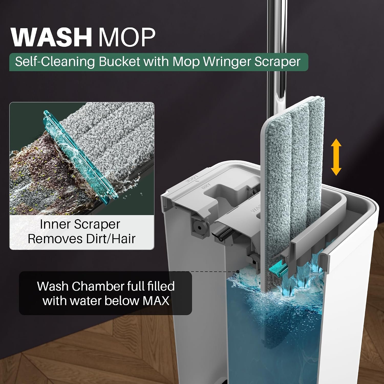 JOYMOOP Flat Mop System, Microfiber Mop and Bucket Set, White, Commercial & Household Use, Hardwood Floor & Wall Cleaning Mop with Long Handle, 4 Microfiber Pads - Image 2