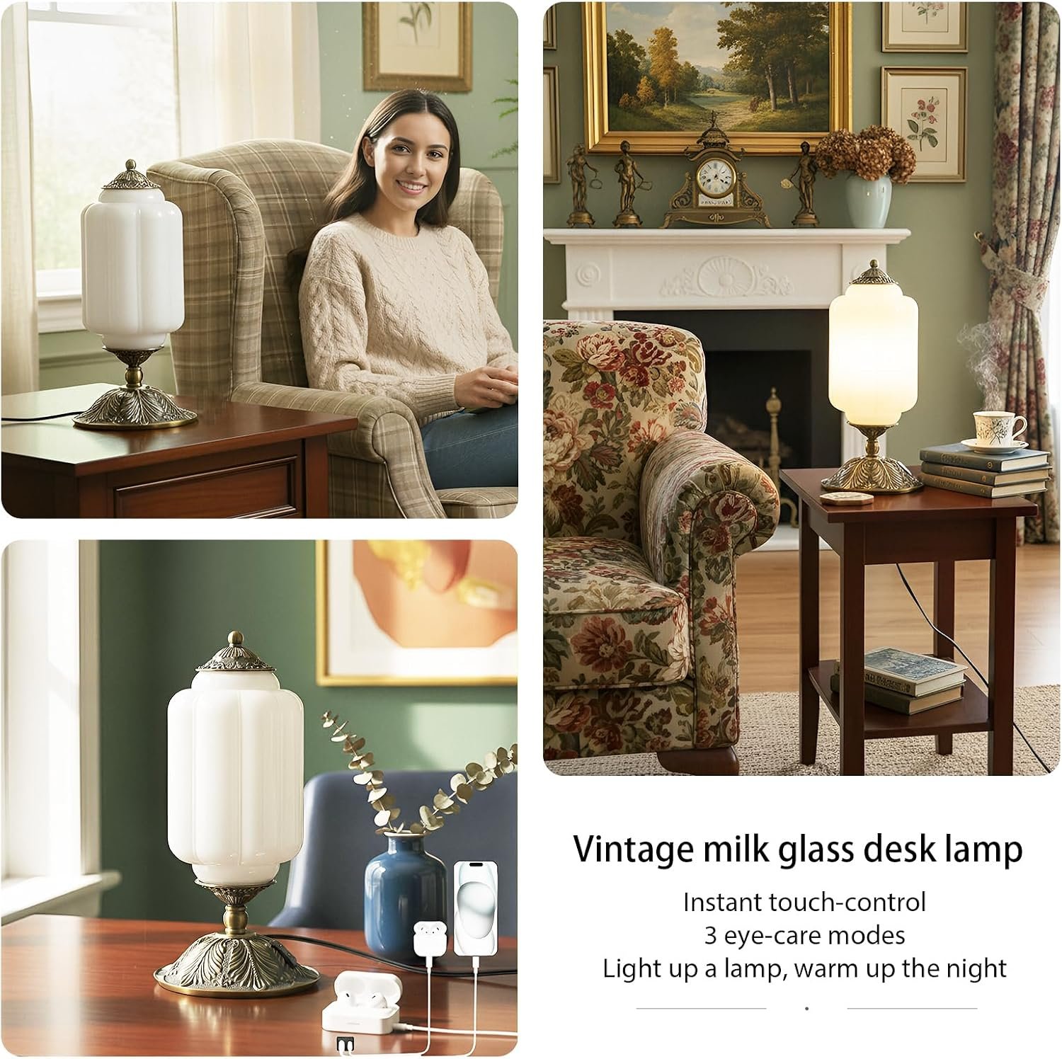 Vintage Touch Bedside Table Lamp, Elegant Green Glass Bedside Desk Lamp 3 Way Dimmable with USB C+A Charging Ports - Bedroom Nightstand & Living Room Essential (Vintage White, 6.5) - Image 8