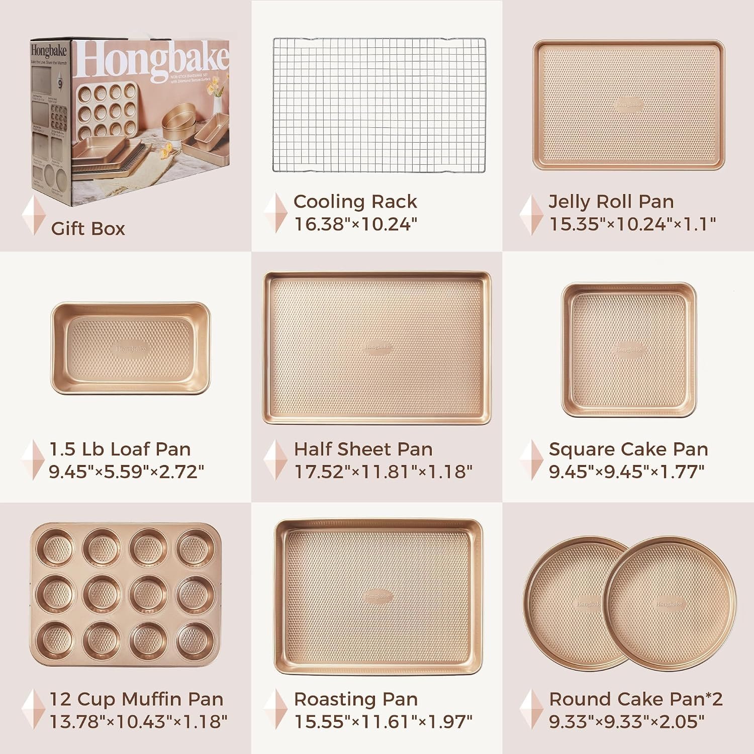 HONGBAKE 9-Piece Baking Pans Set Nonstick, Stackable Non Toxic Bakeware Sets with Diamond Texture, Oven Pan Set for Cooking, Includes Cookie Sheet with Rack, Cake Pan, Roasting Pan, Muffin Tin, Gold - Image 6