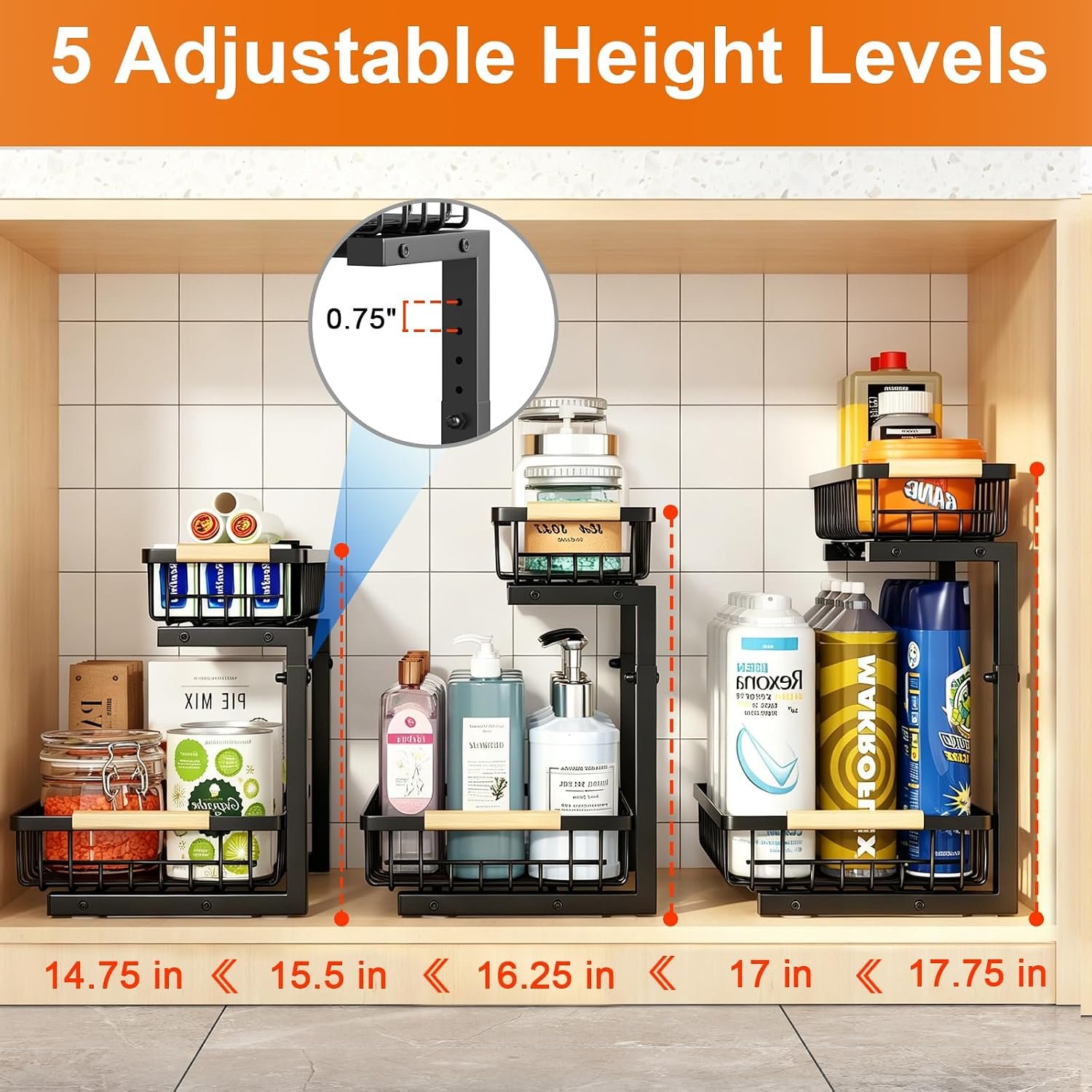 REALINN Under Sink Organizer, 2 Pack Height Adjustable Under Sink Organizers and Storage, 2 Tier Pull Out Drawer Cabinet Storage for Kitchen Bathroom - Image 4