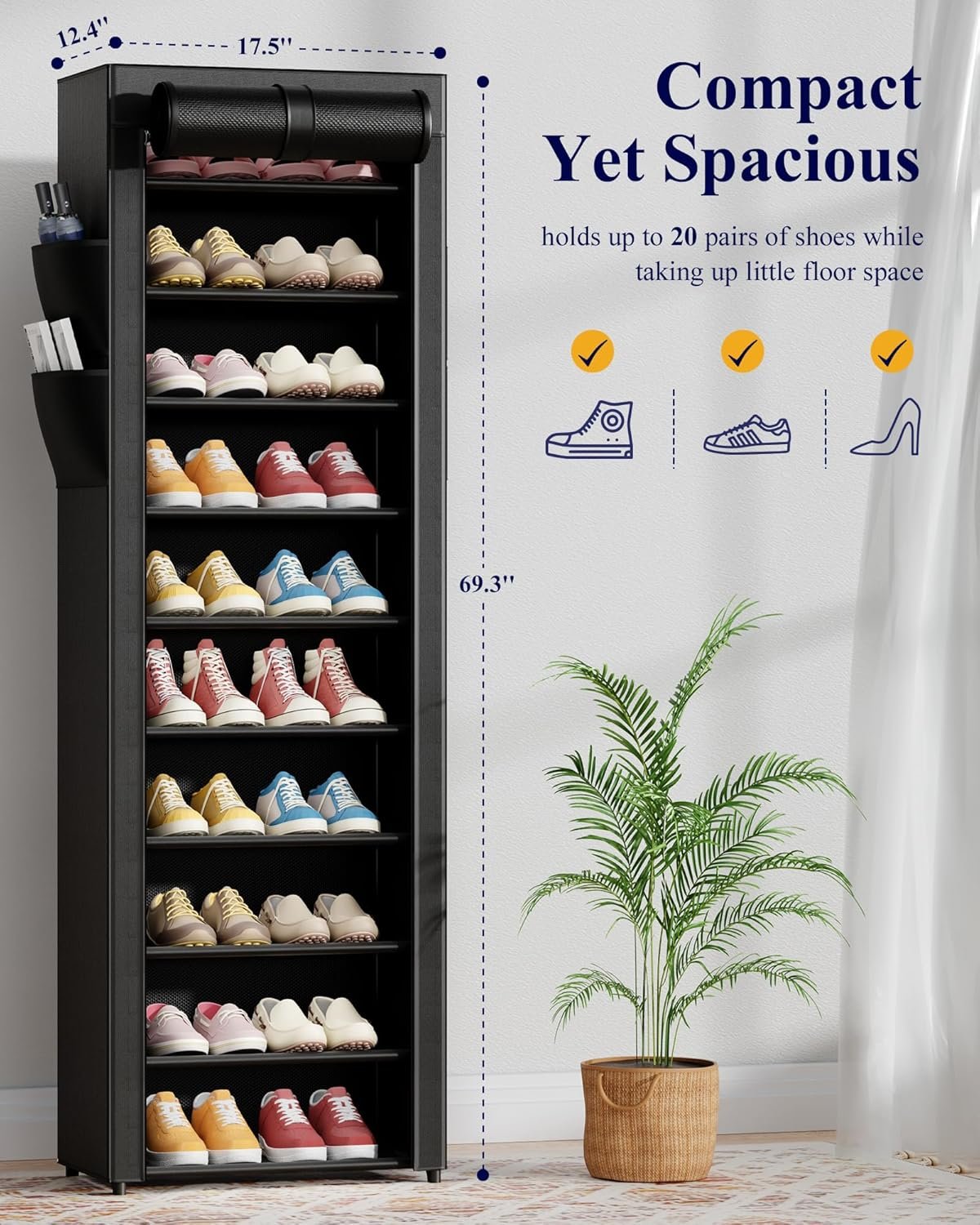 Kitsure 10-Tier Shoe Rack with Cover, Vertical Shelf, 17.5" Wide, Black - Image 3