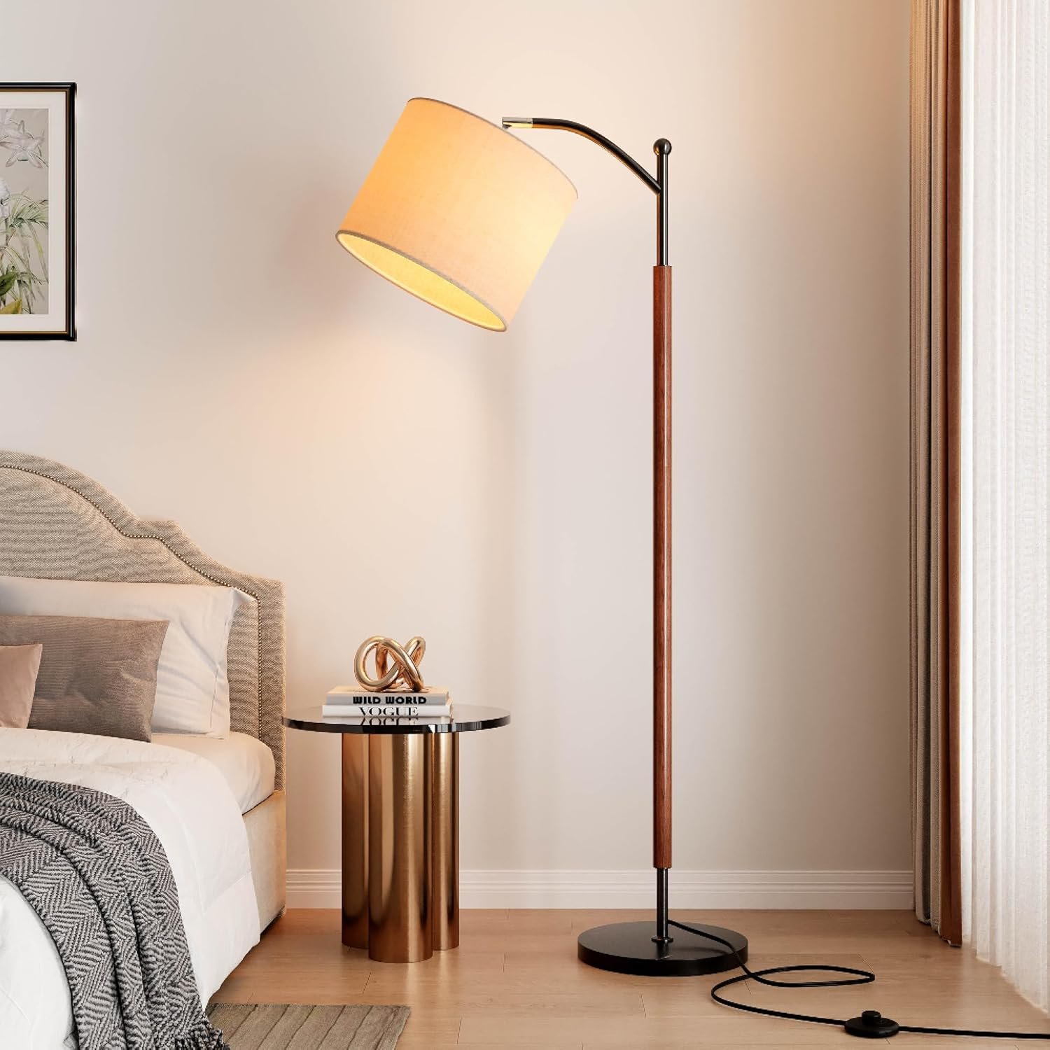 Arc Floor Lamp, Corner Mid Century Modern Floor Lamp, Standing Lamp with Adjustable Hanging Lampshade and Marble Base, Floor Lamps for Living Room, Bedroom, Office, Walnut Brown - Image 2
