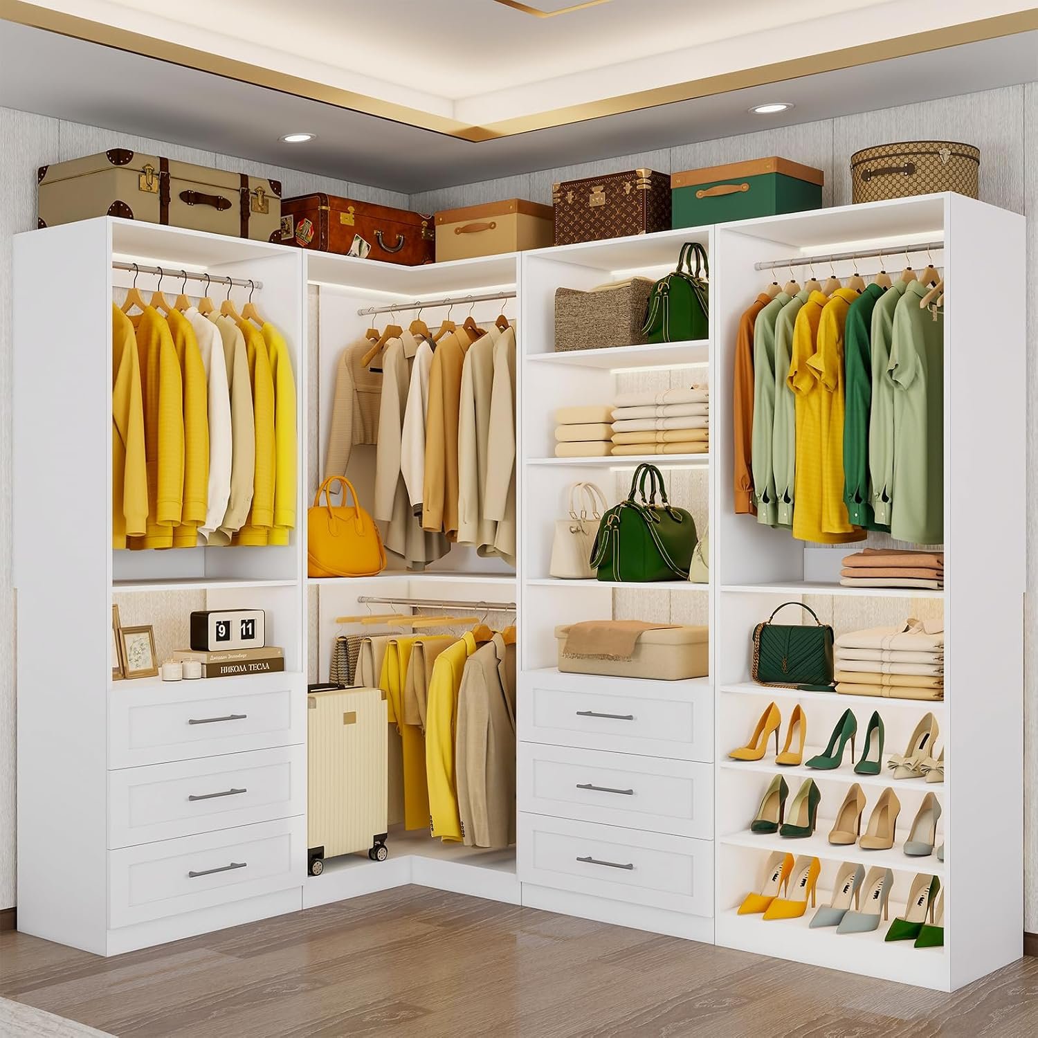 Vomavex Closet System with 4 sets, 101.9" Closet Organizer Systems with 6 Drawers & 8 Hanging Rods & Adjustable Shelves, Walk in Closet Standing Closet System, Corner Closet System Set, White - Image 9