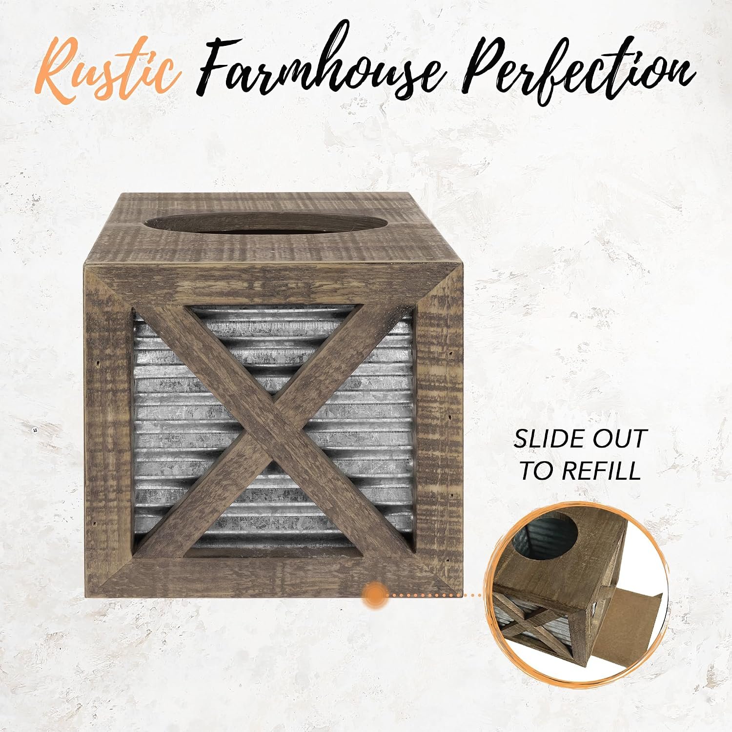 Autumn Alley Barn Door Rustic Square Farmhouse Tissue Box Cover, Farmhouse Bathroom Accessories, Rustic Bathroom Décor Tissue Holder, Wood Tissue Box Cover with Galvanized Decor - Image 5