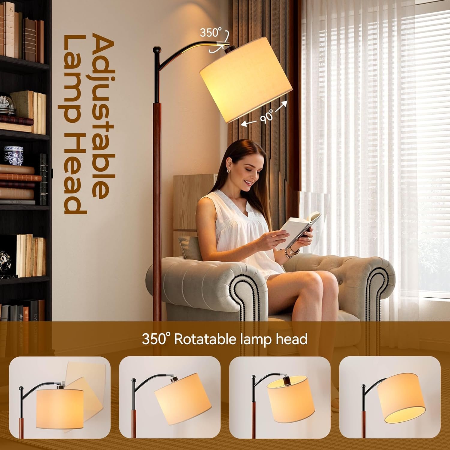 Arc Floor Lamp, Corner Mid Century Modern Floor Lamp, Standing Lamp with Adjustable Hanging Lampshade and Marble Base, Floor Lamps for Living Room, Bedroom, Office, Walnut Brown - Image 4