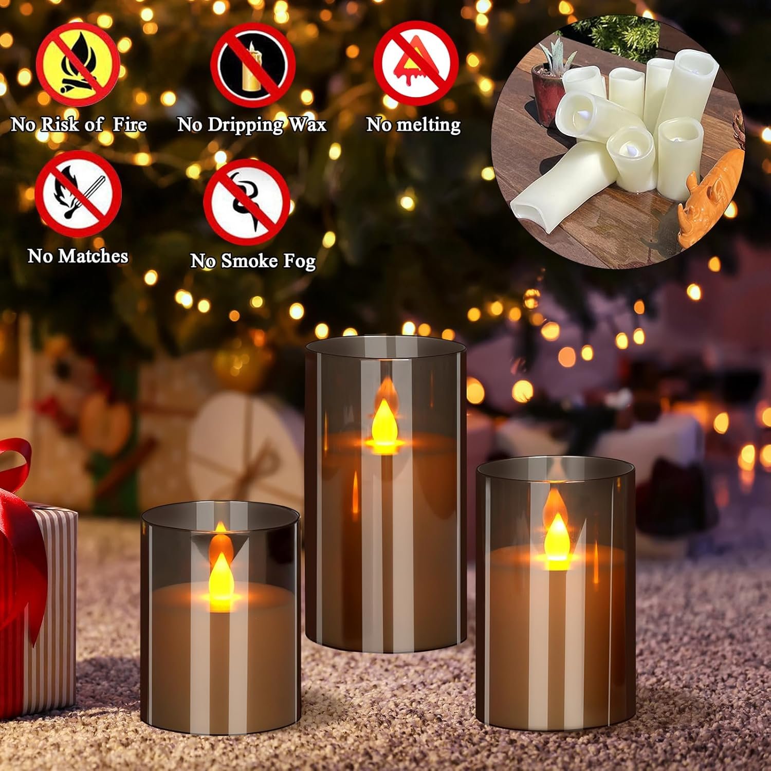 wemarry Flameless Candles 4" 5" 6" Acrylic Glass Pillars 3" Diameter Battery Operated Flickering Candles Include 8-Key Remote with Timer Function 400+ Hours (Gray, Warm Light 3 Pack) - Image 2