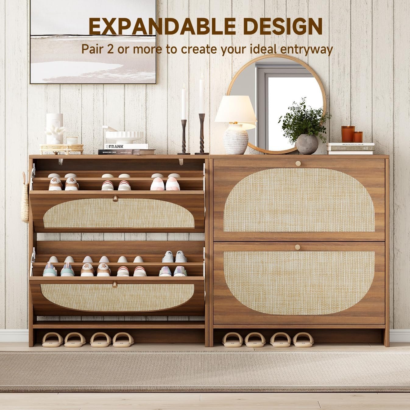 Nicetree Rattan Arched Accent Shoe Storage Cabinet - Freestanding Ultra Slim for Entryway, 2 Flip Drawers & 3-Tier Adjustable Shelves, Farmhouse Modern Rustic Shoe Rack for Hallway, Foyer, Living Room - Image 7